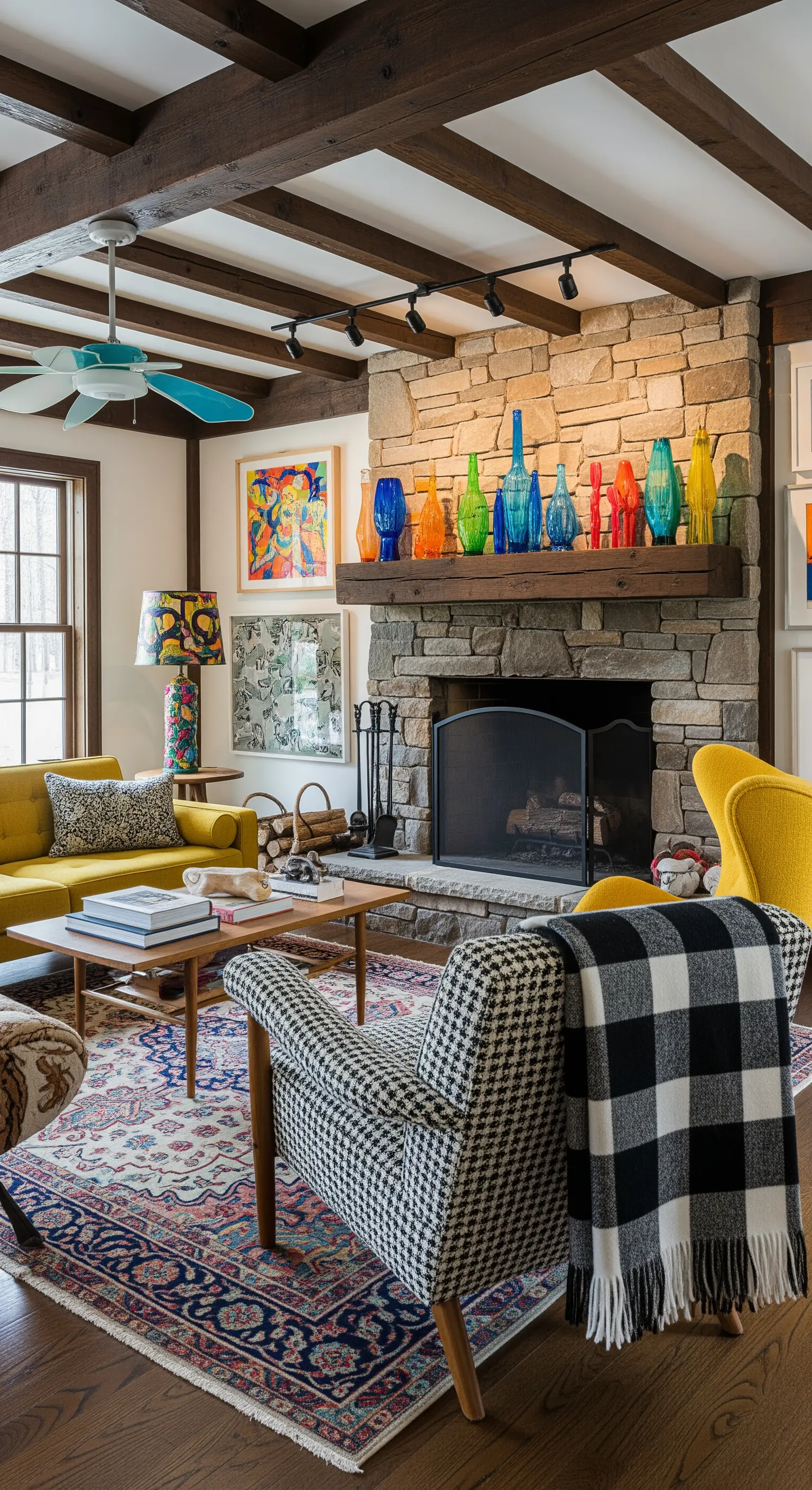 Soggiorno rustico eclettico con divano giallo e una collezione di vasi colorati sul camino