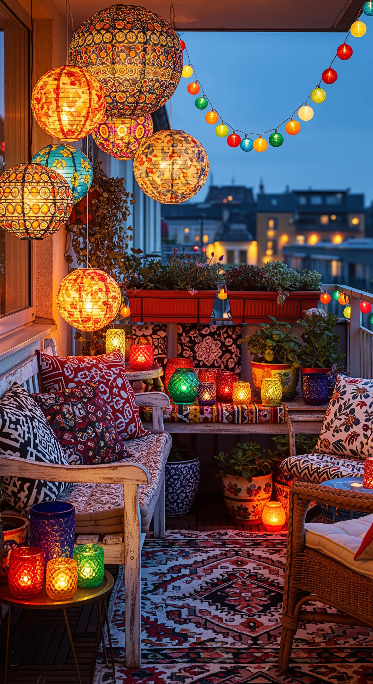 Balcone bohémien super colorato con lanterne decorate, cuscini con pattern e tanti portacandele diversi