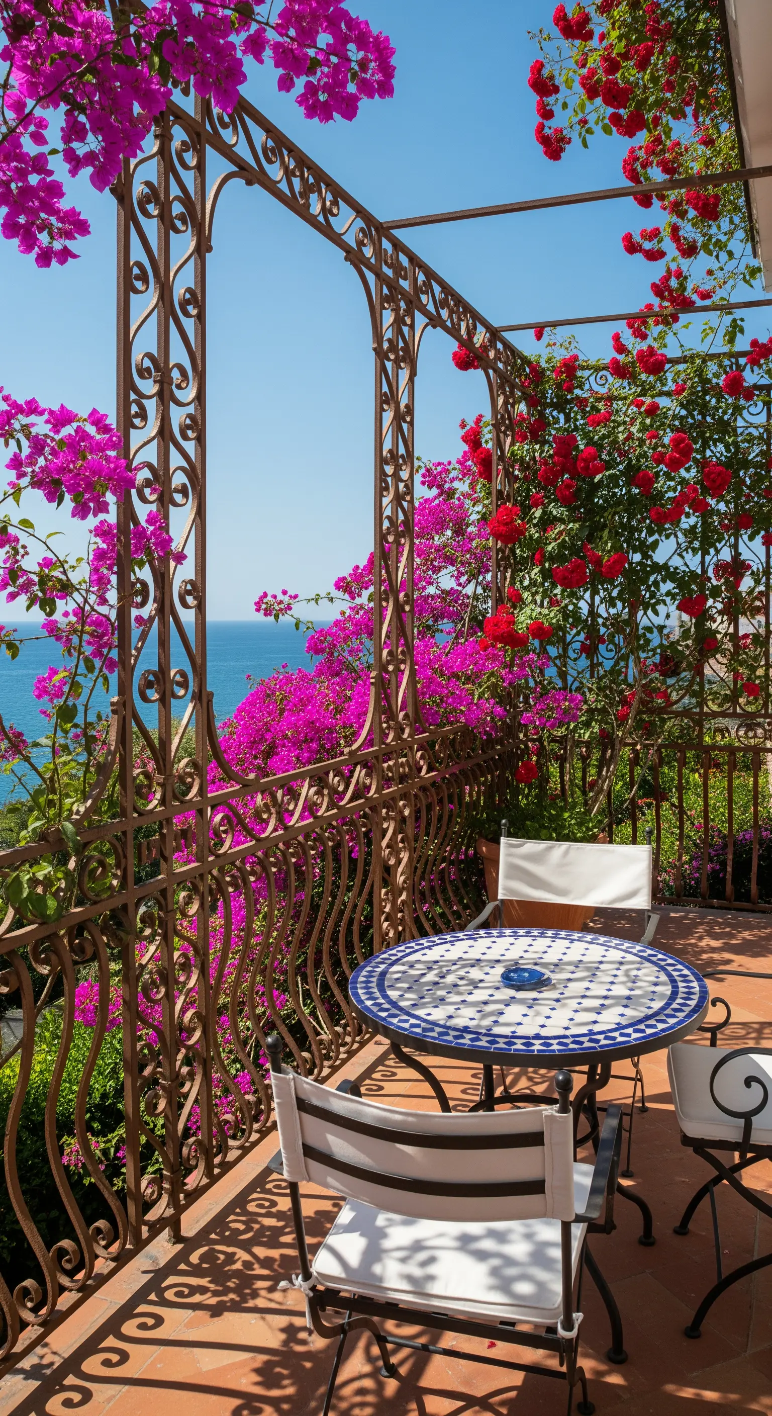 Terrazza vista mare con bouganville, rose, tavolo in maiolica e sedie in ferro battuto