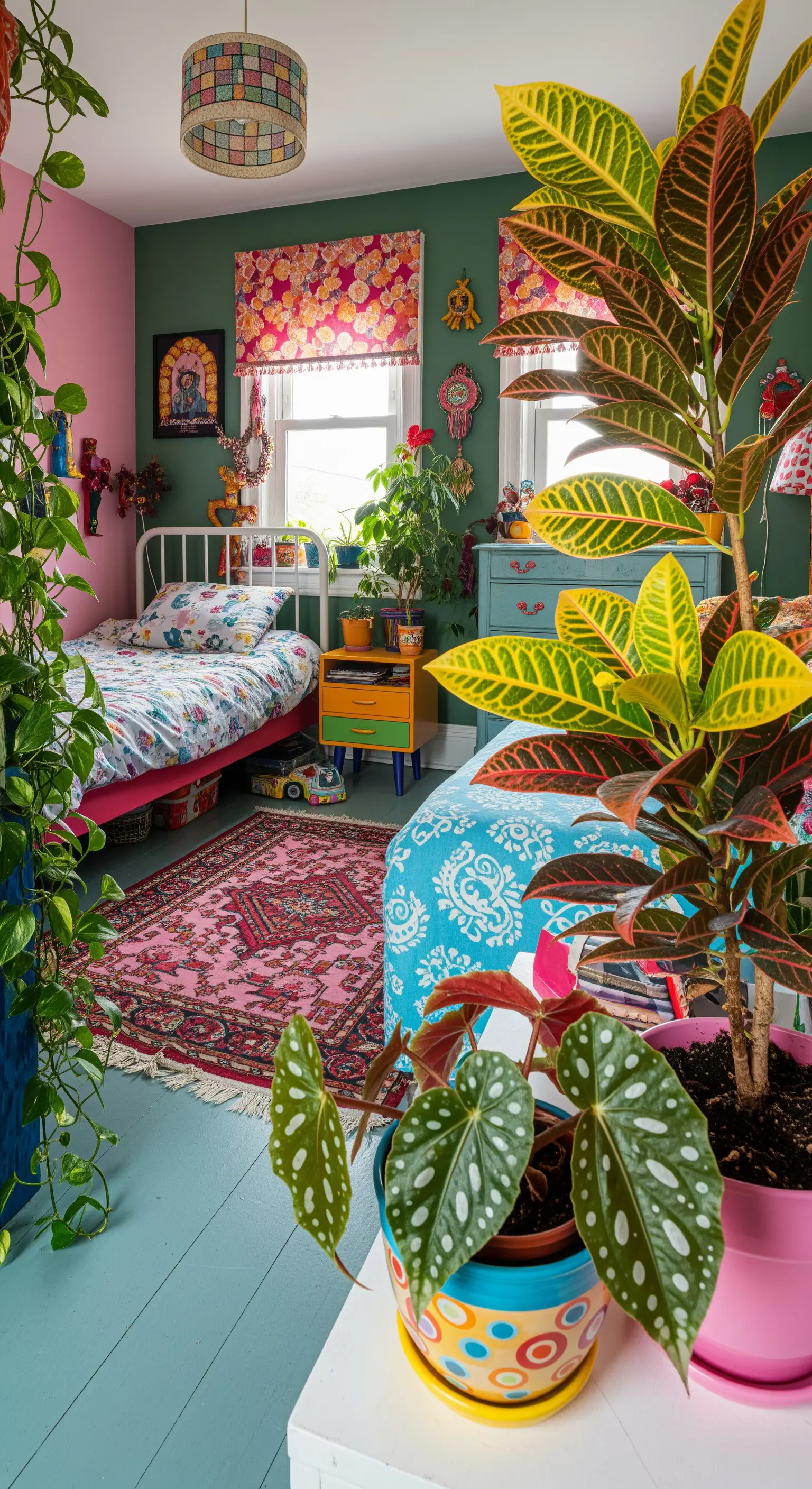 Camera da letto per ragazzi, colorata ed eclettica, con piante dal fogliame variegato e vasi vivaci.