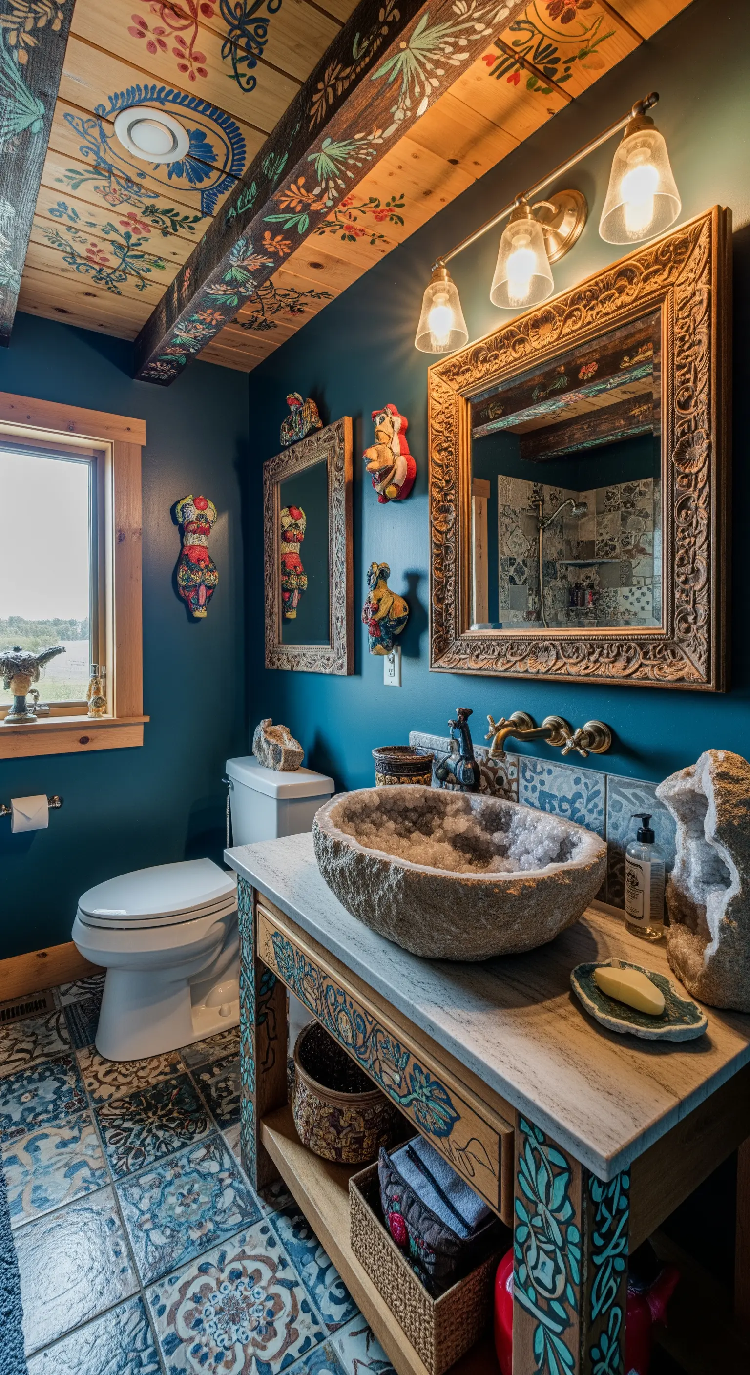 Bagno eclettico e colorato con travi dipinte, pareti blu e lavabo in geode.