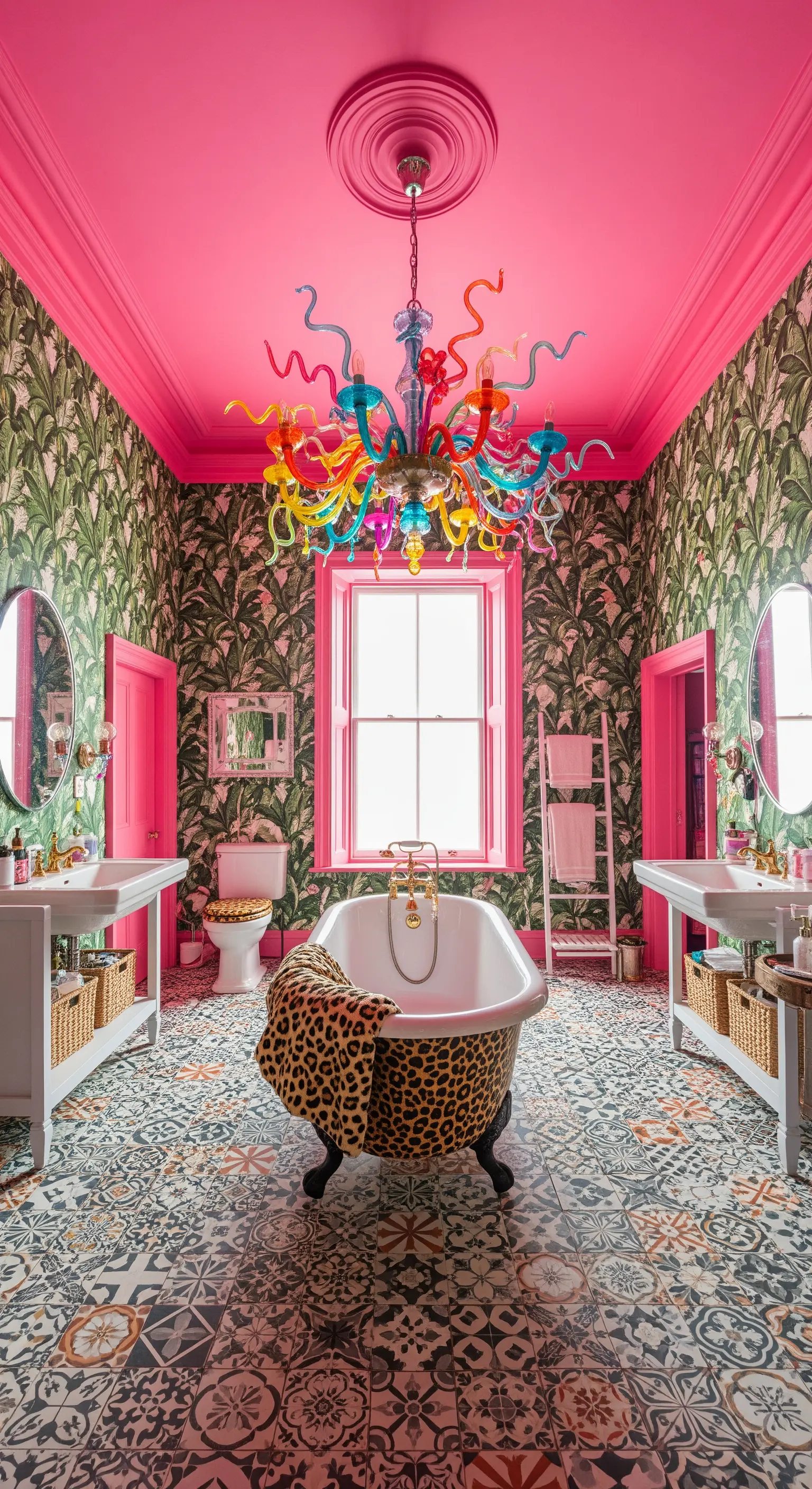 Bagno colorato con carta da parati tropicale, soffitto rosa e lampadario in vetro multicolore.