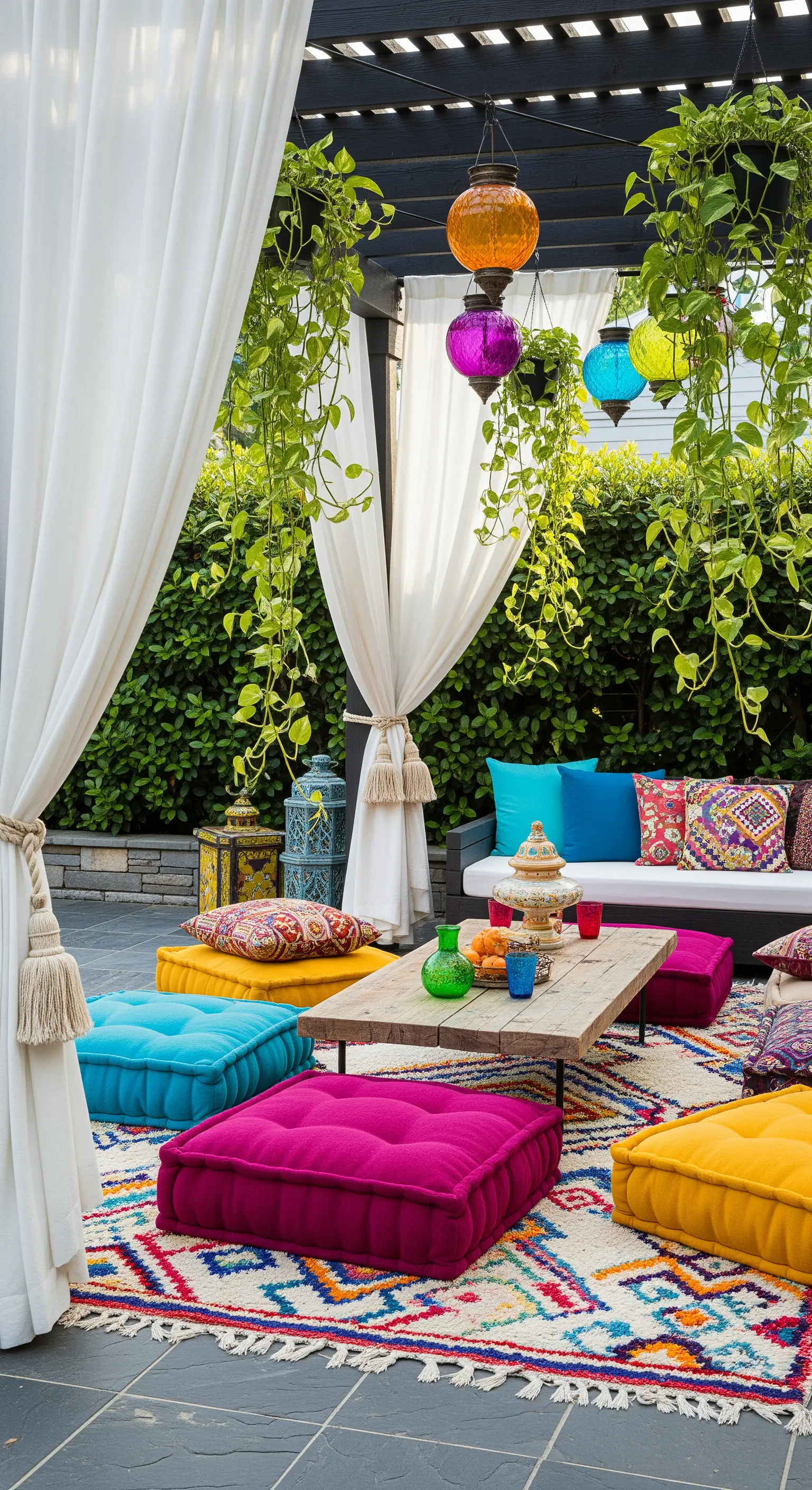 Patio boho colorato con cuscini da terra fucsia, gialli e blu e lanterne marocchine.
