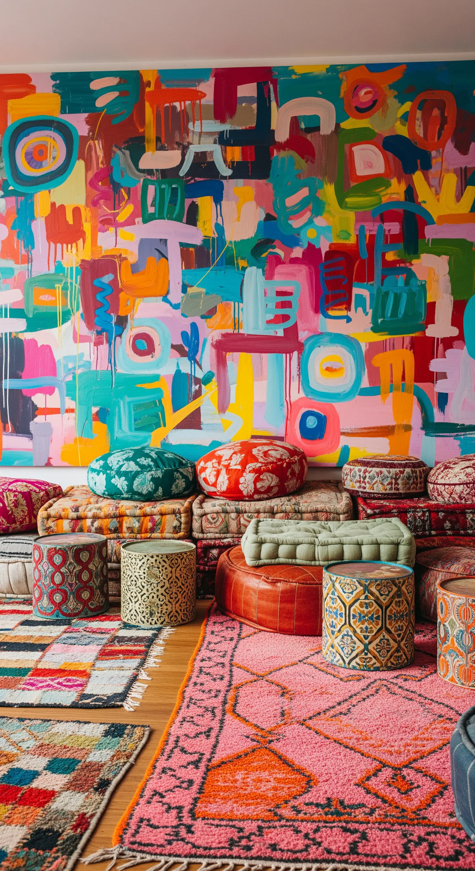 Salotto massimalista con un grande murale astratto e colorato, e una distesa di cuscini e tappeti etnici.