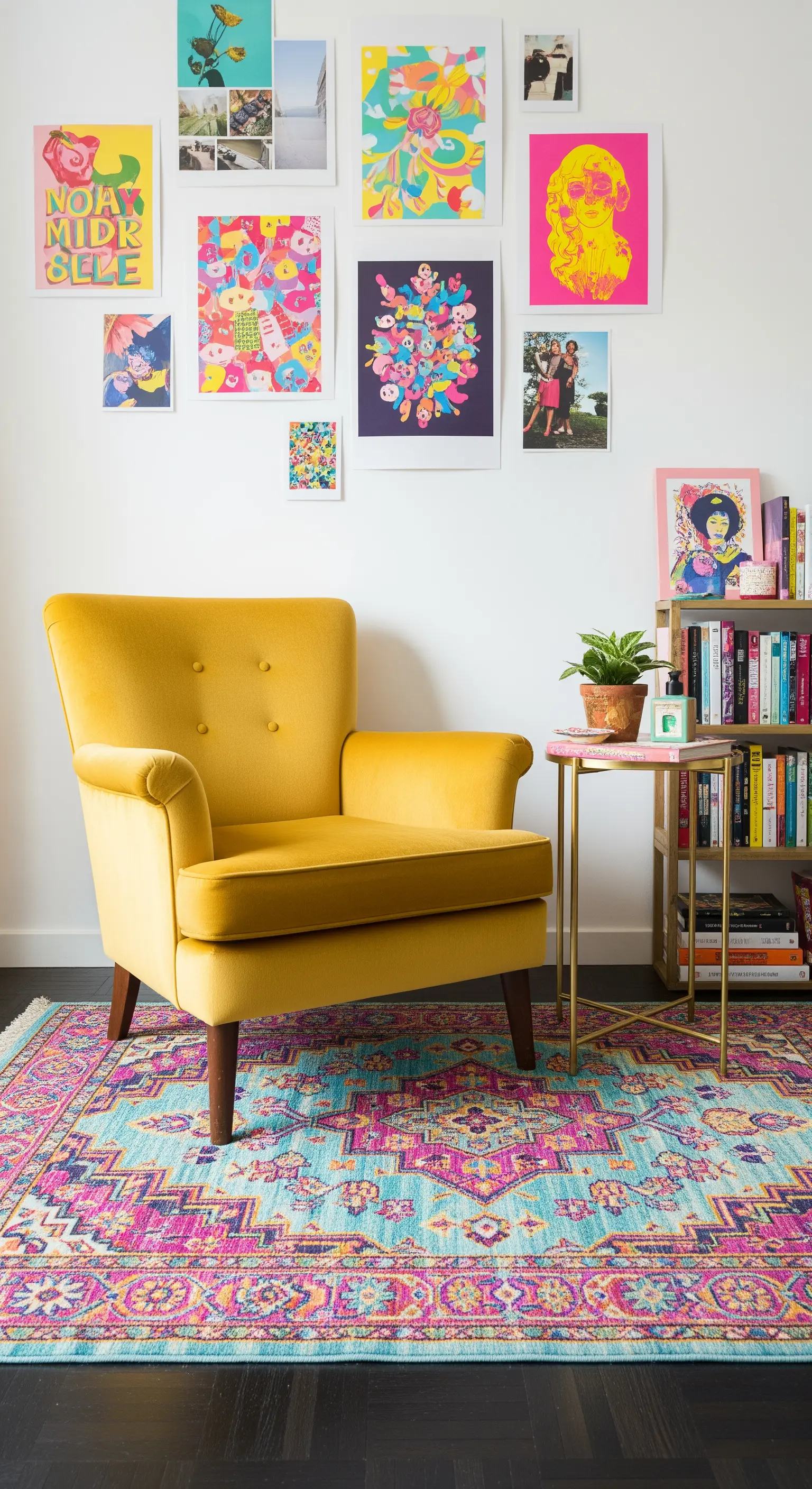 Poltrona in velluto giallo senape davanti a una parete con stampe colorate e un tappeto vivace.