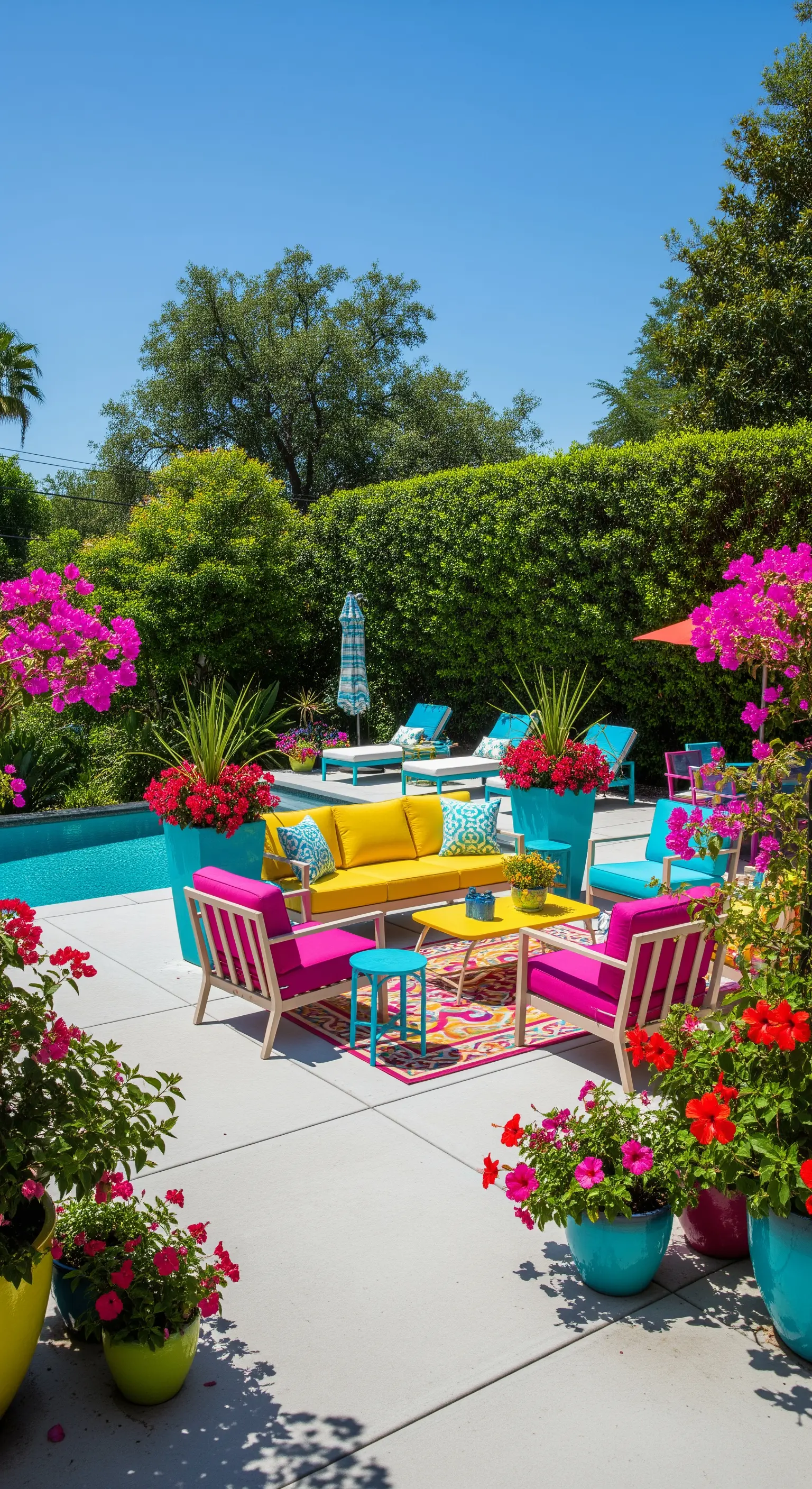 Area lounge a bordo piscina con arredi fucsia e gialli, circondata da fiori colorati