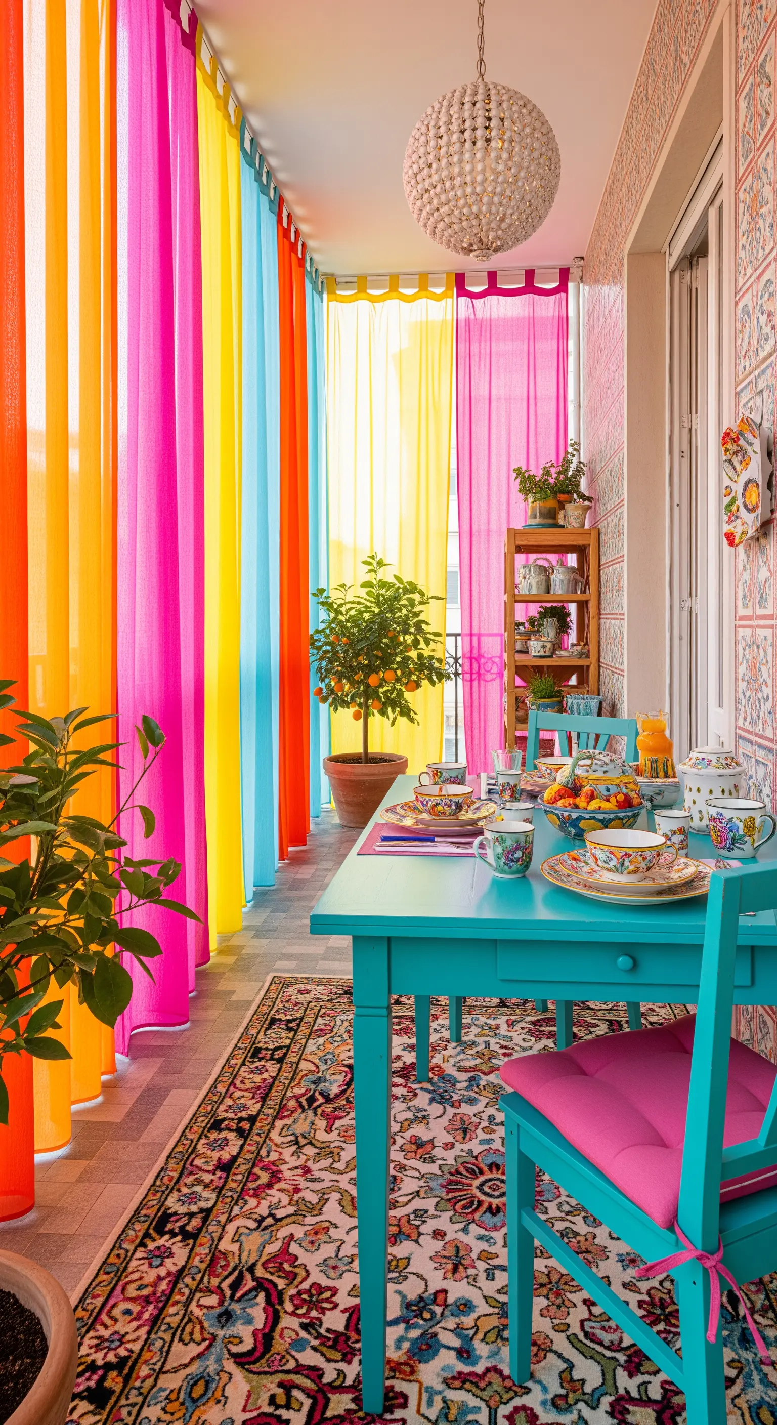 Balcone coloratissimo con tende arcobaleno, tavolo turchese e un tappeto persiano dai colori vivaci.