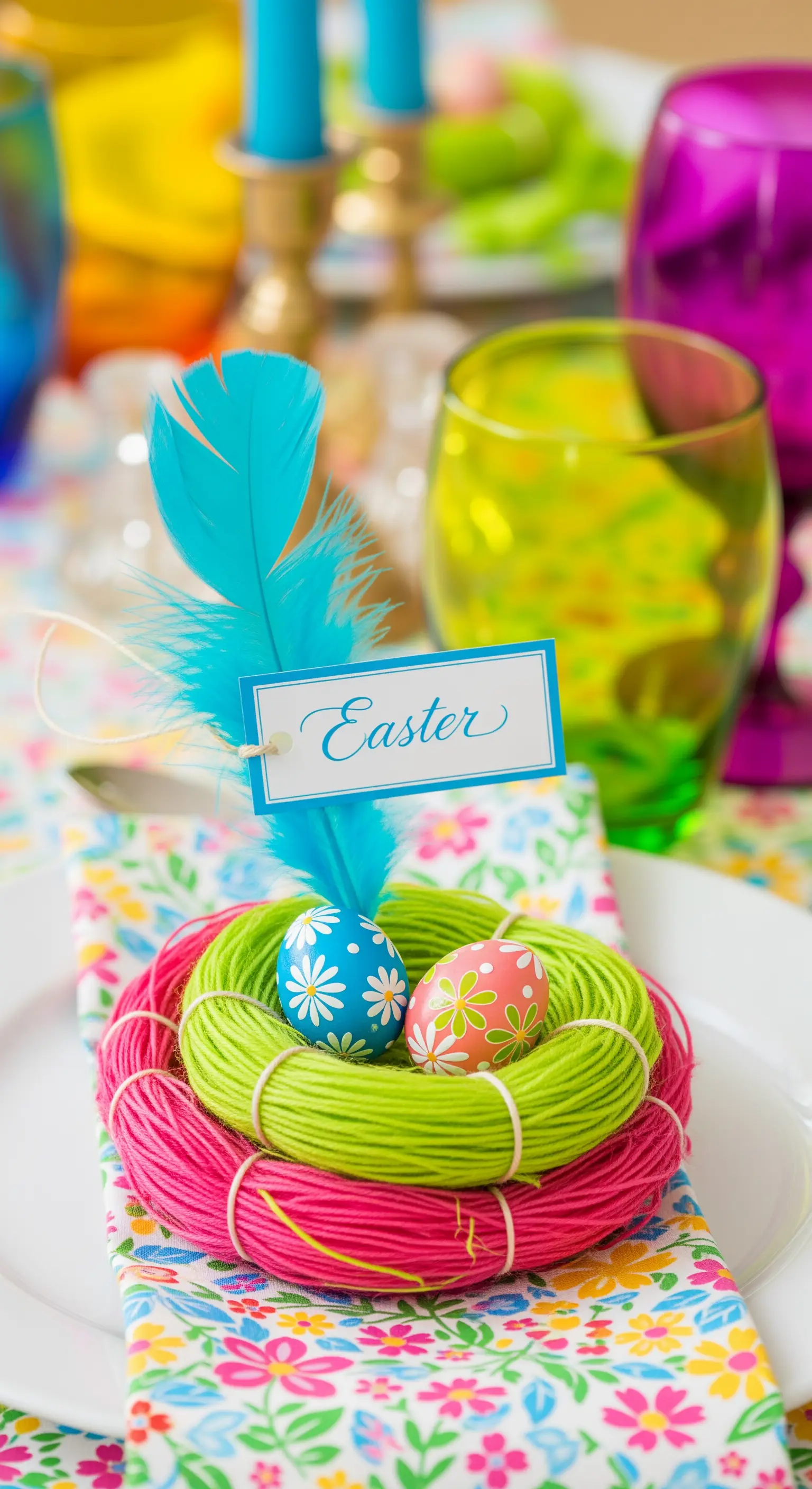Nidi colorati sovrapposti con uova decorate e piuma turchese.