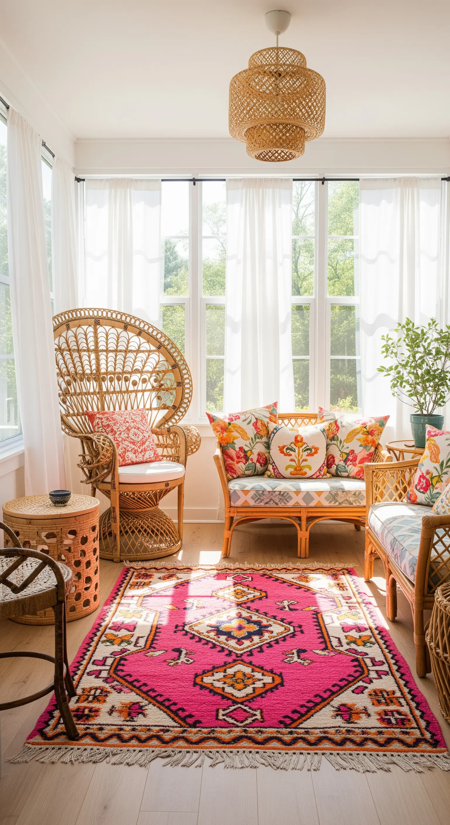Veranda luminosa con sedia pavone in rattan, tappeto fucsia e cuscini floreali.