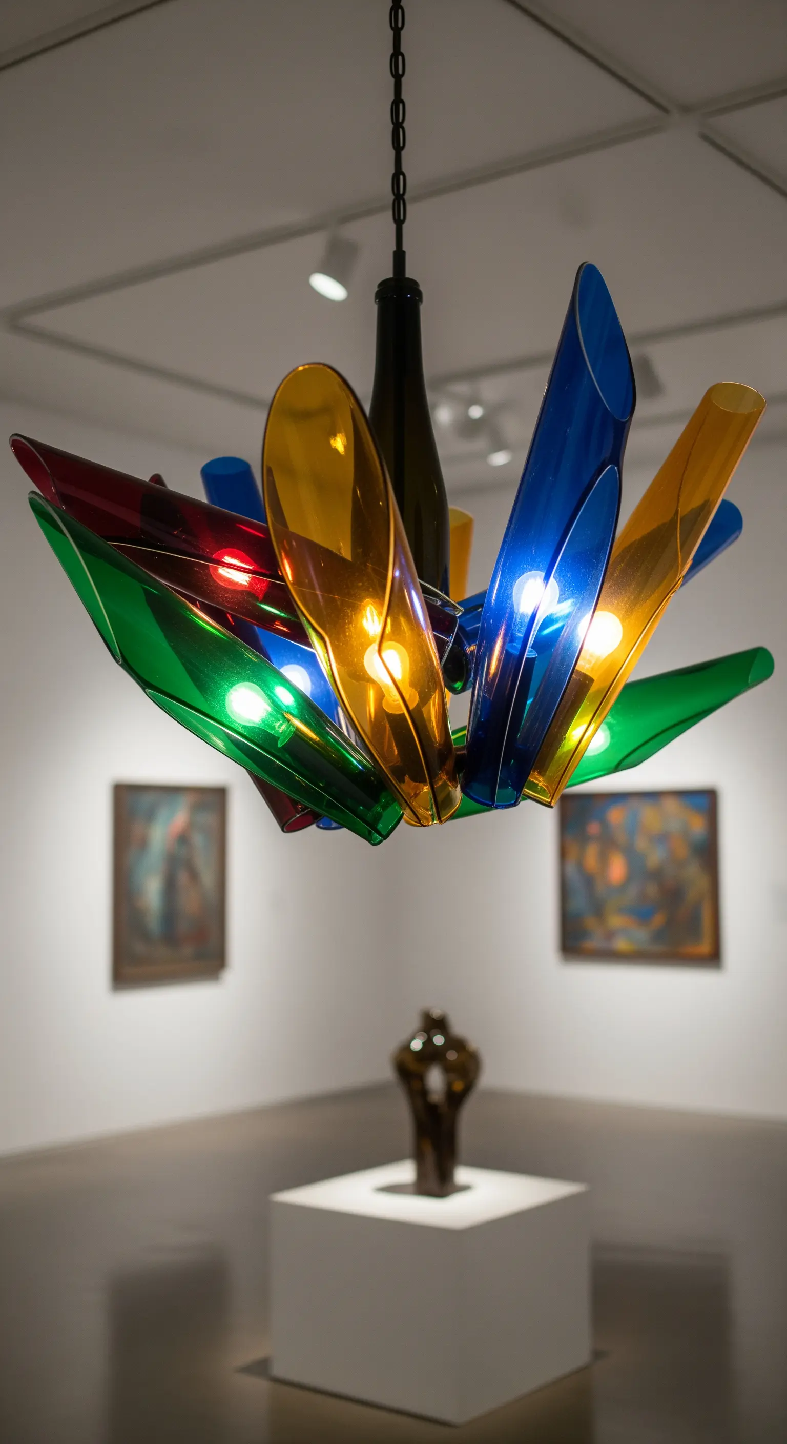 Lampadario artistico e colorato realizzato con pezzi di bottiglie di vino tagliate e aperte.