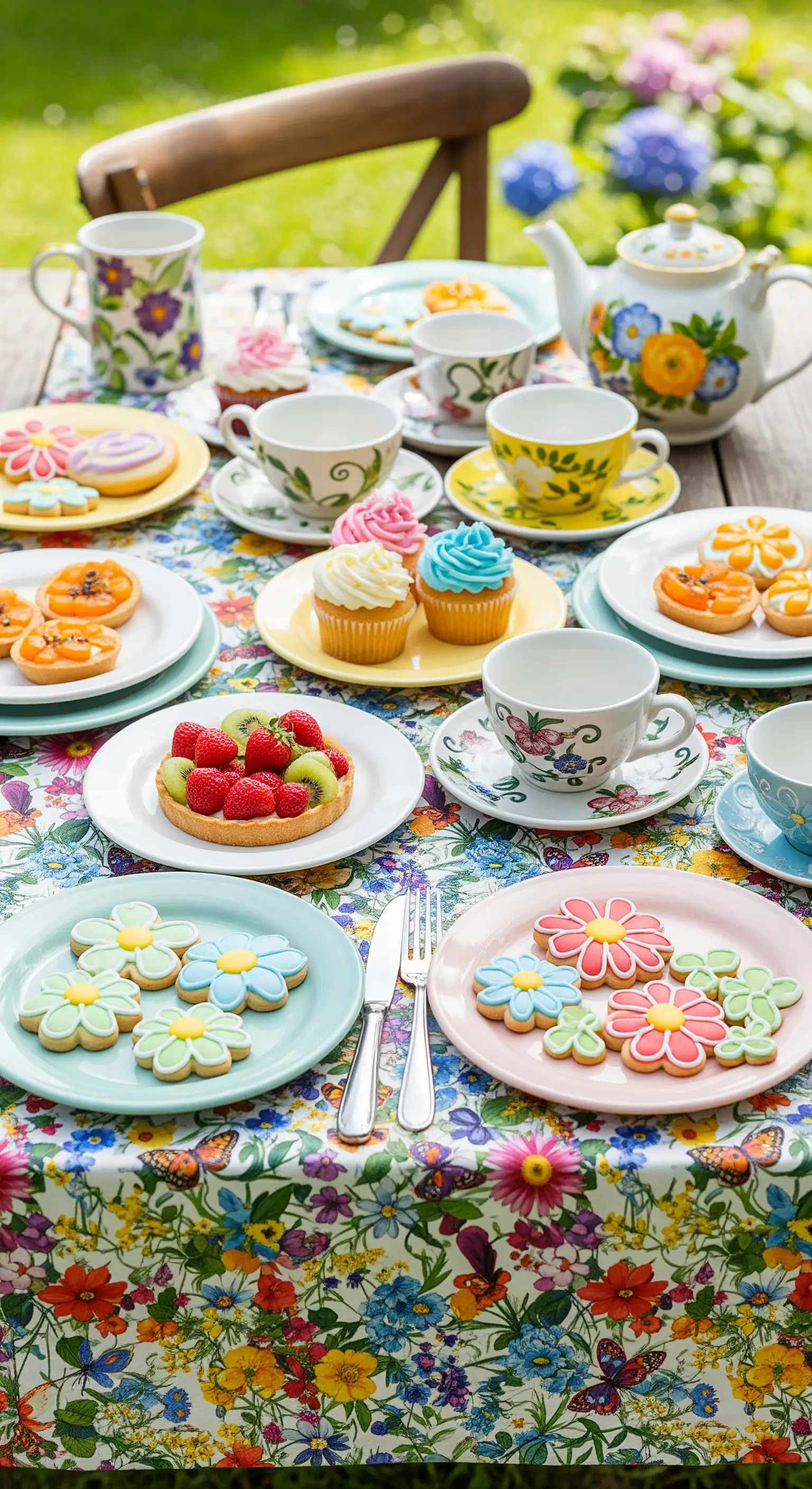 Tavola da tè in giardino con tovaglia a fiori selvatici e dolci colorati