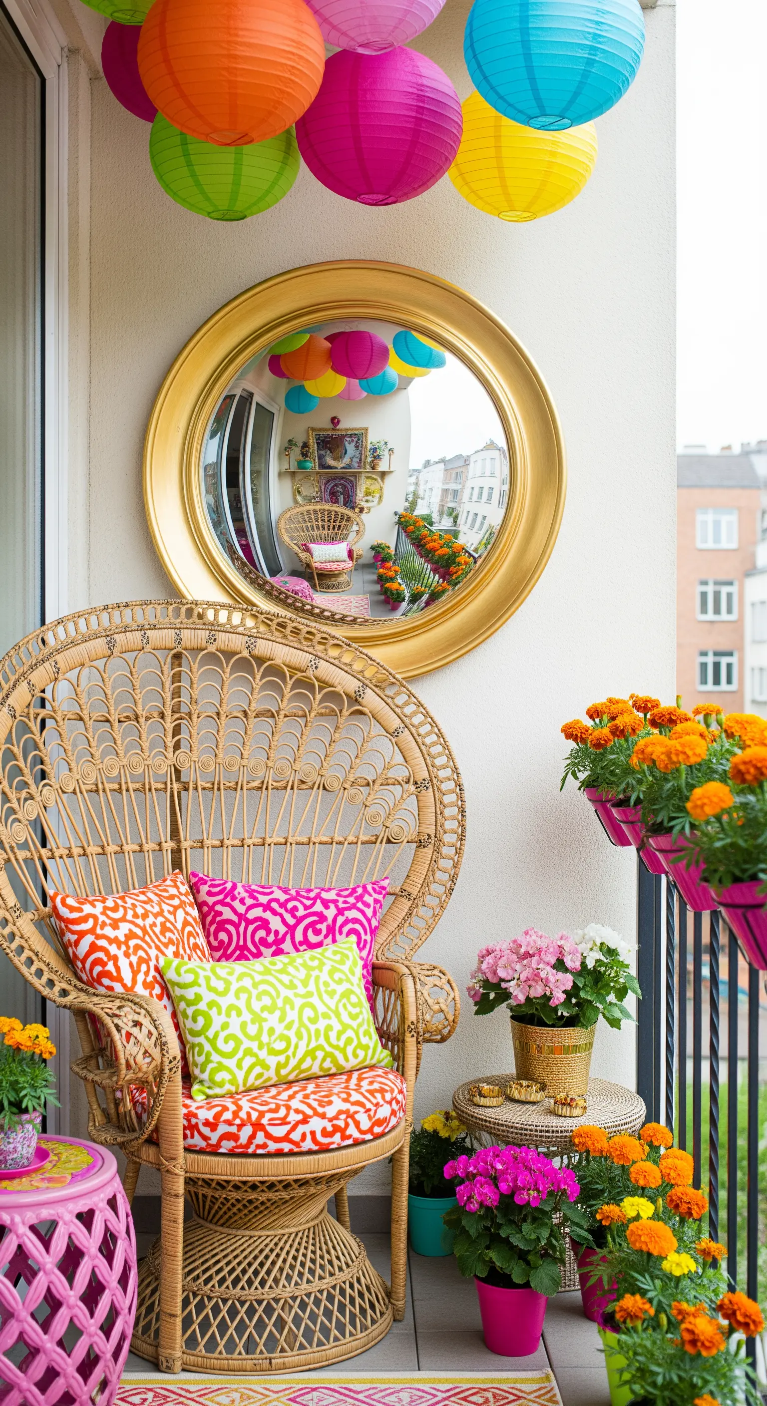 Balcone boho con sedia Peacock in rattan, cuscini e lanterne colorate e specchio rotondo.