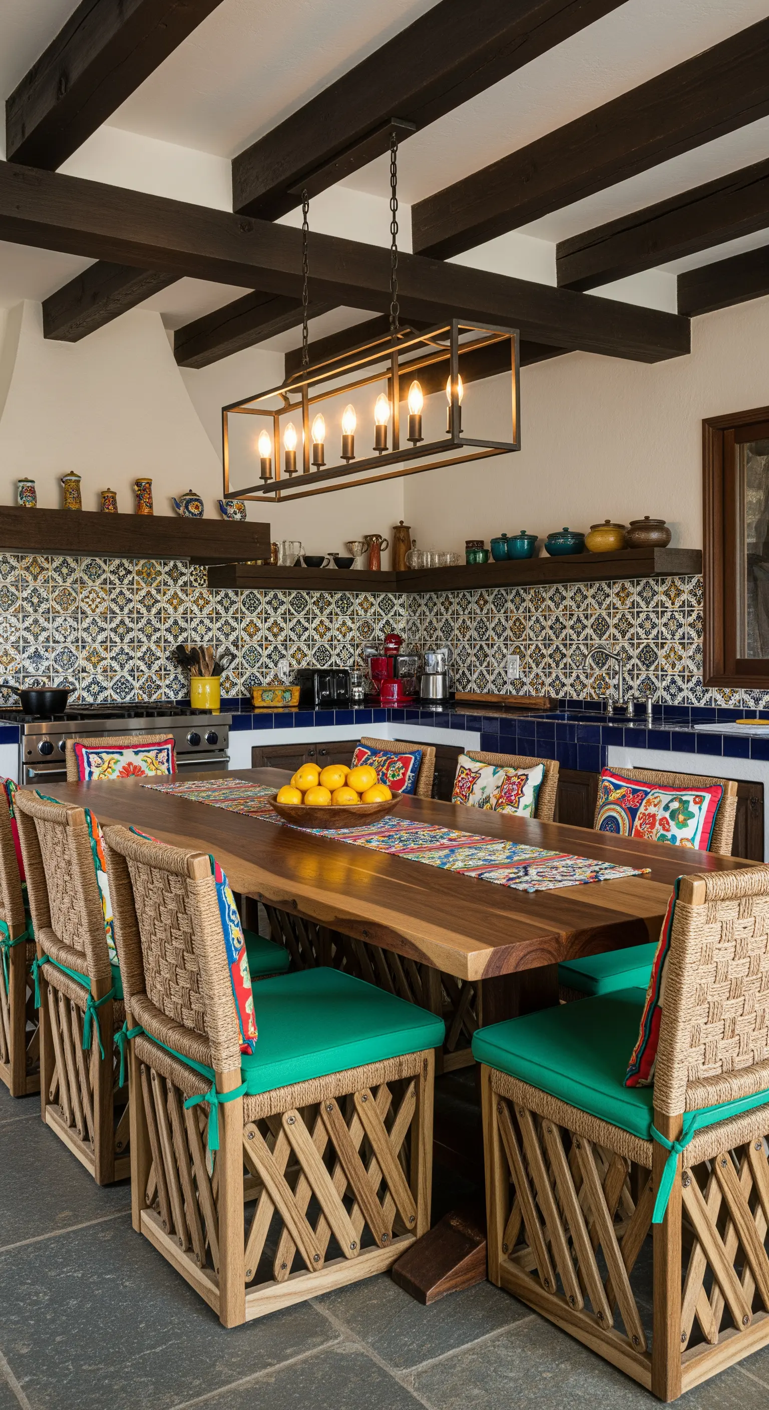 Cucina in stile messicano con piastrelle colorate, tavolo in legno e sedie rustiche.