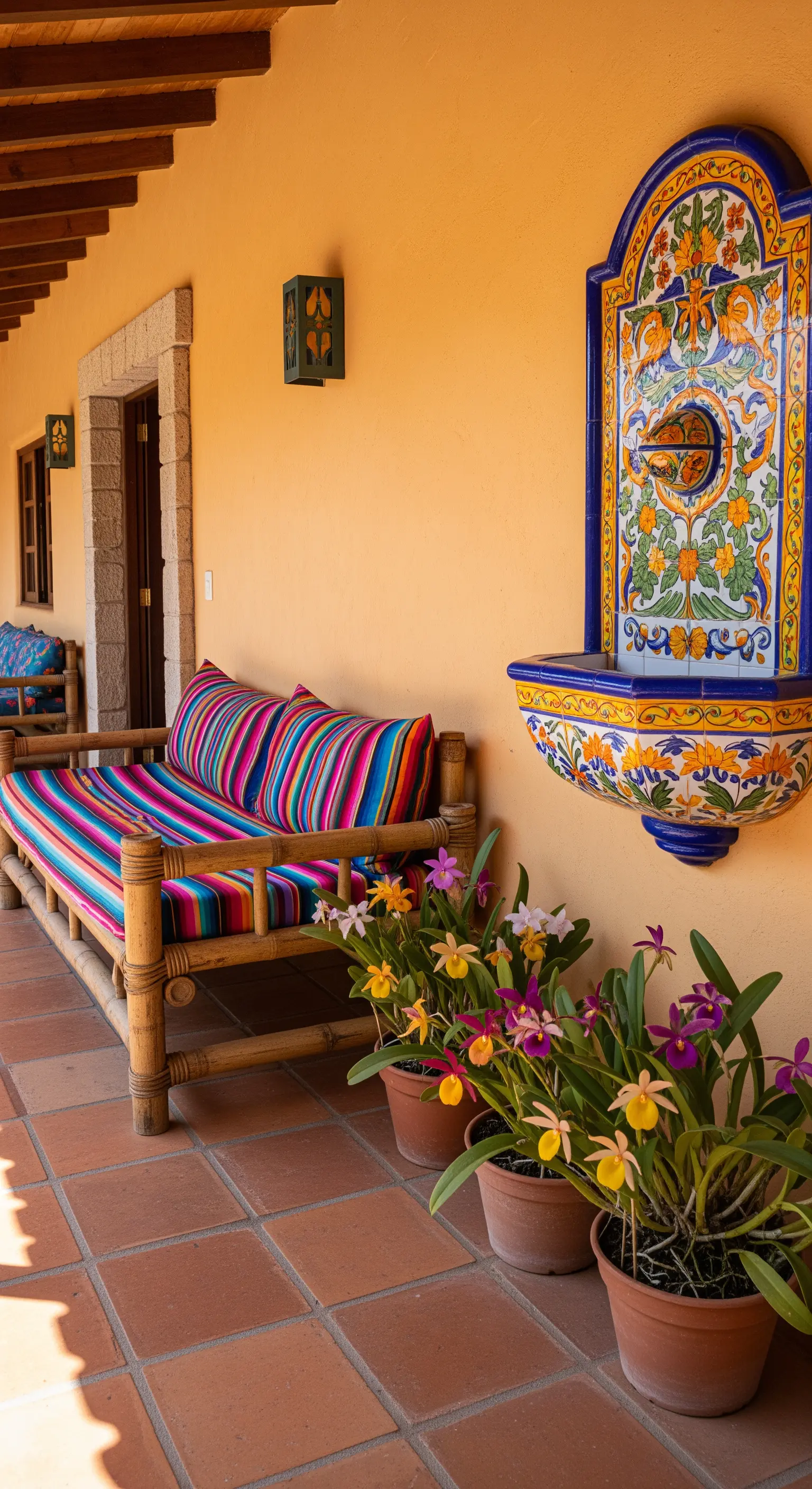Portico in stile hacienda con parete ocra, fontana in maiolica e tessuti colorati.