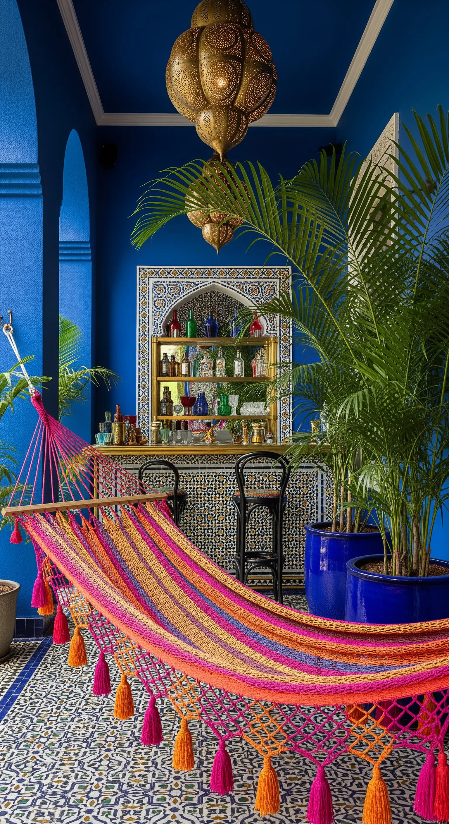 Portico blu Majorelle con piastrelle marocchine, amaca colorata e grande lanterna in ottone
