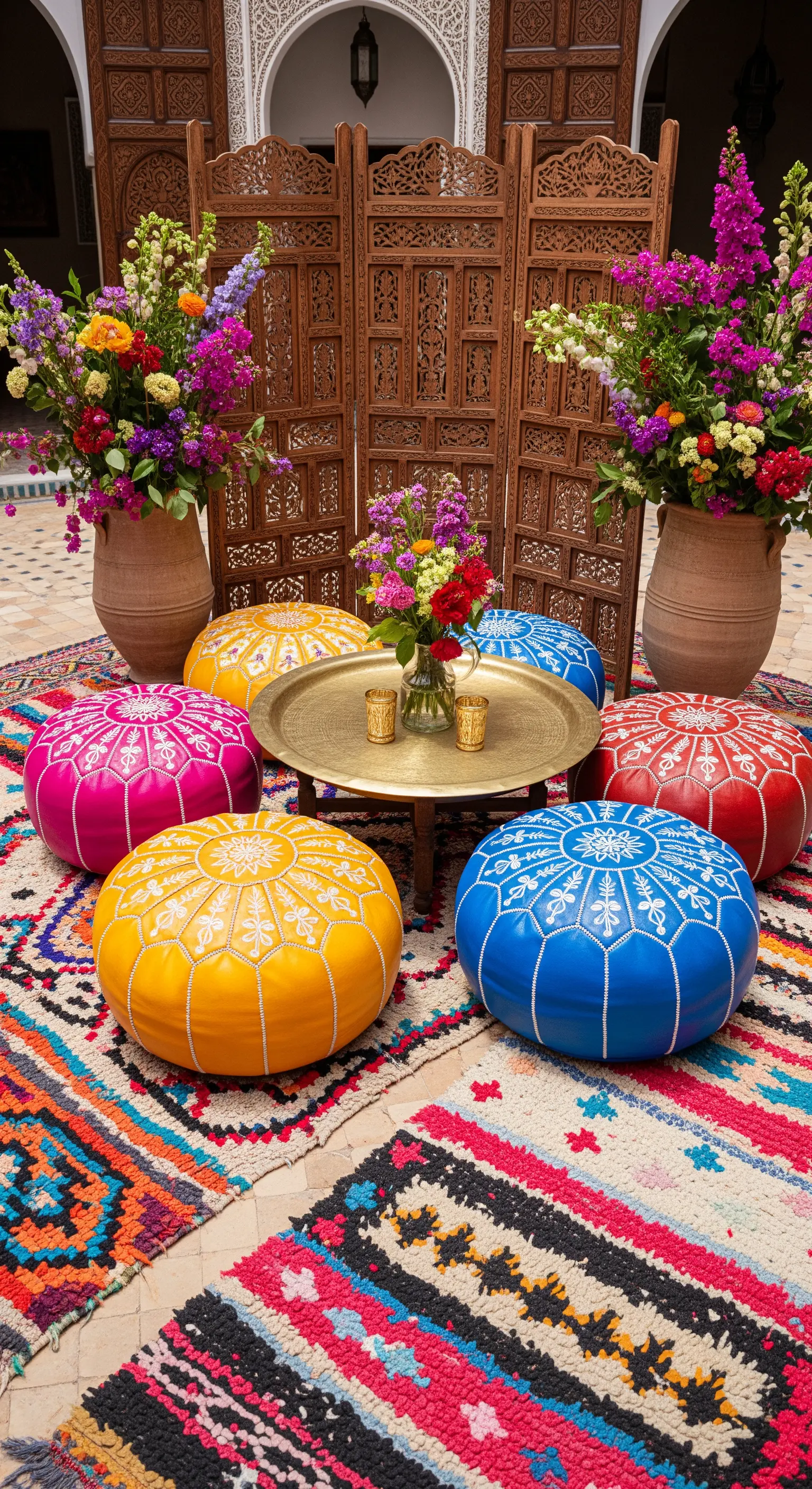 Photo corner vivace con pouf marocchini colorati, tappeto variopinto e paravento in legno.