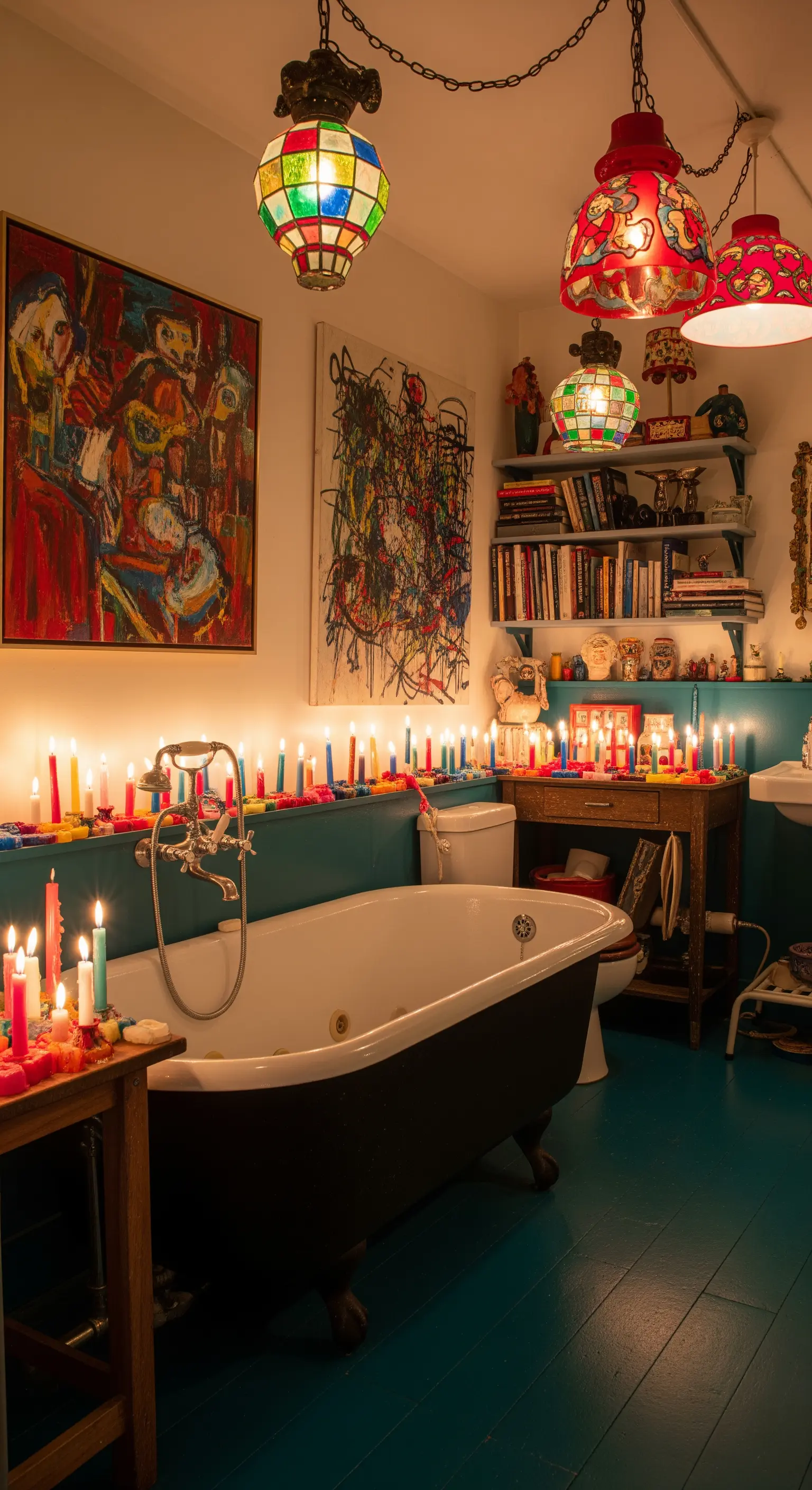 Bagno eclettico e colorato con vasca freestanding, arte moderna e decine di candele.