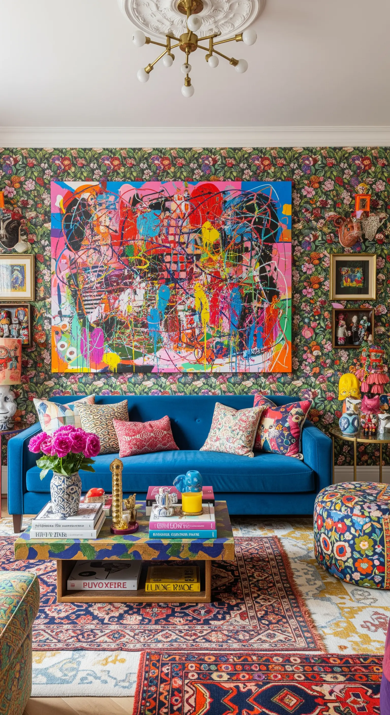 Salotto massimalista con carta da parati floreale e un quadro astratto estremamente colorato.