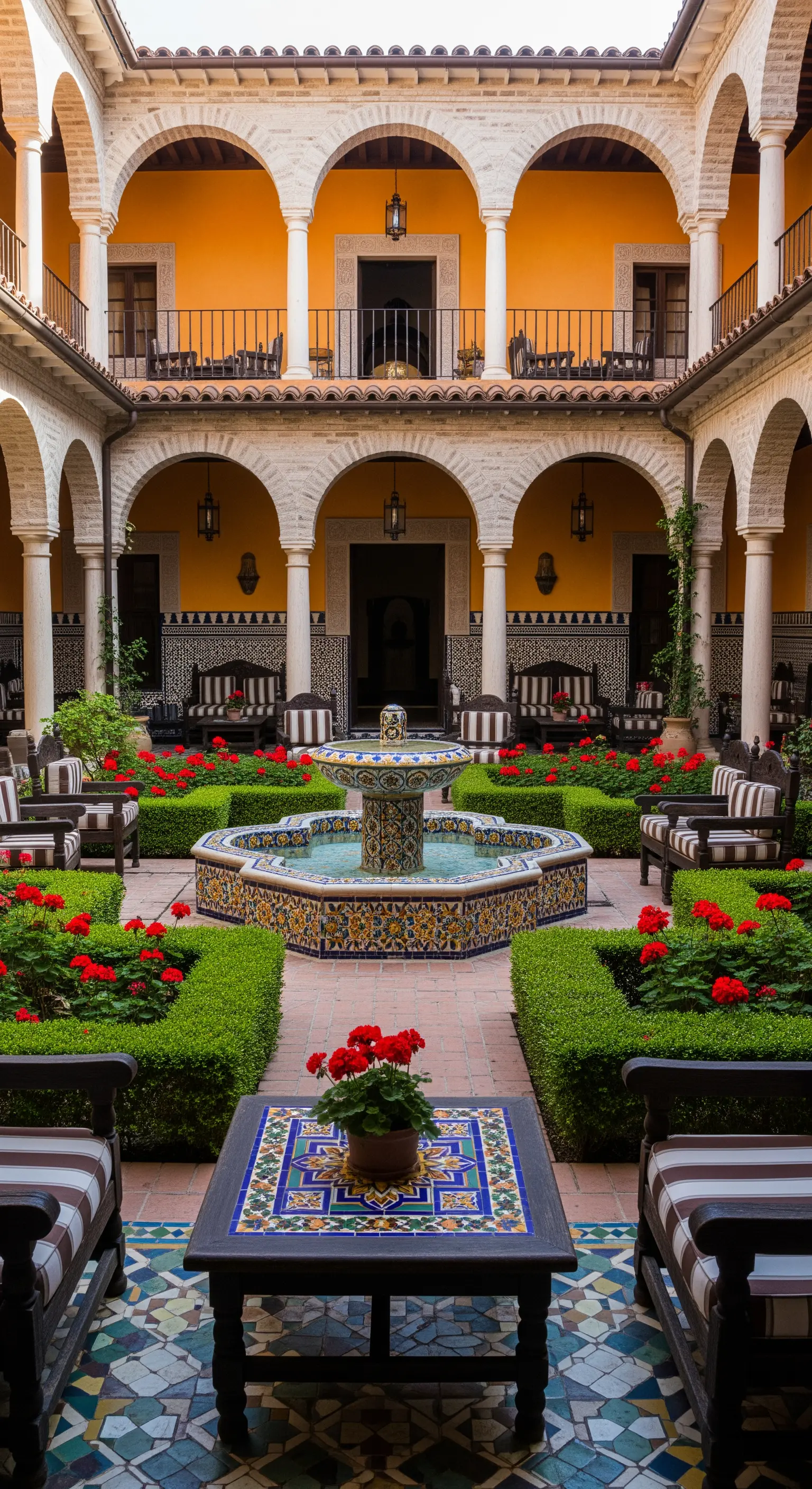Cortile in stile moresco con fontana in mosaico, pareti ocra, fiori rossi e archi.