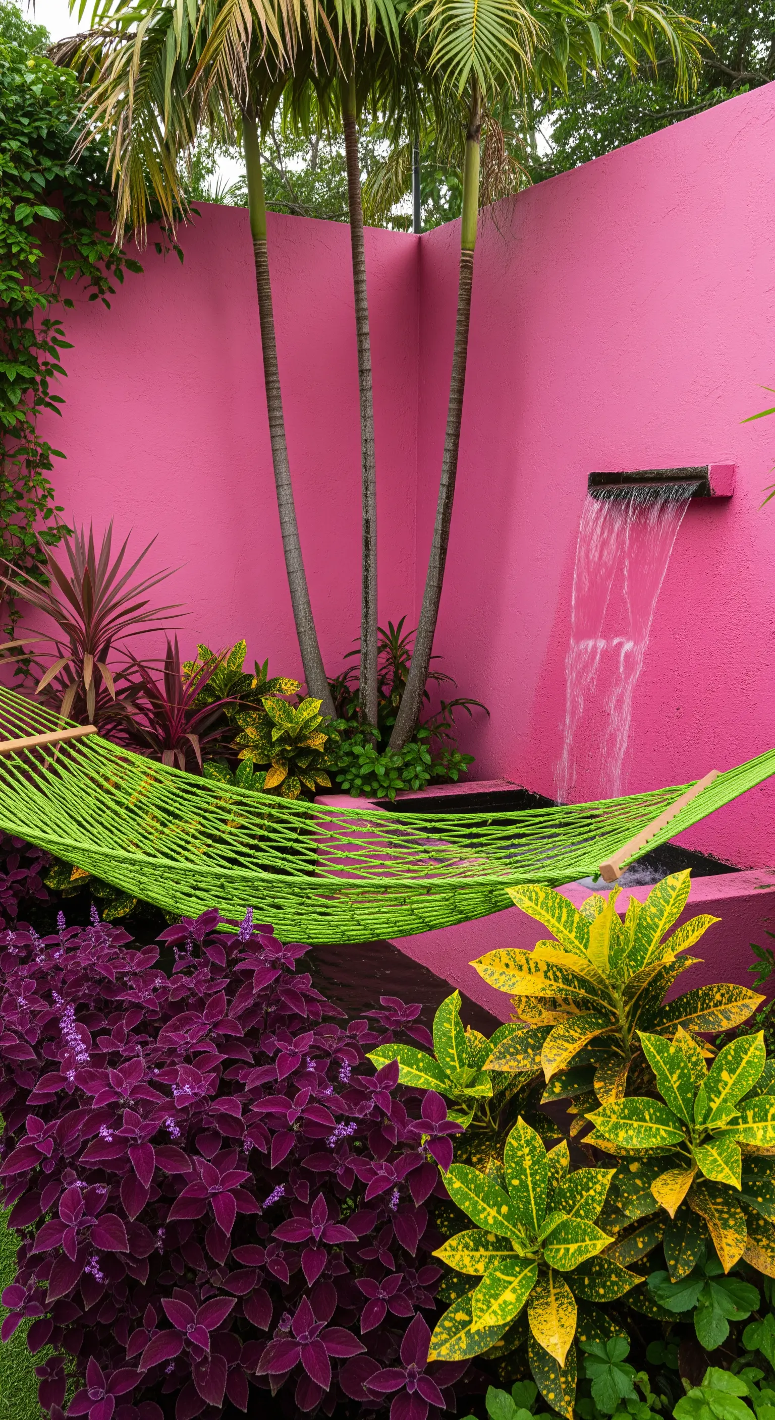 Cortile con pareti rosa shocking, piante colorate viola e gialle, e un'amaca verde acido