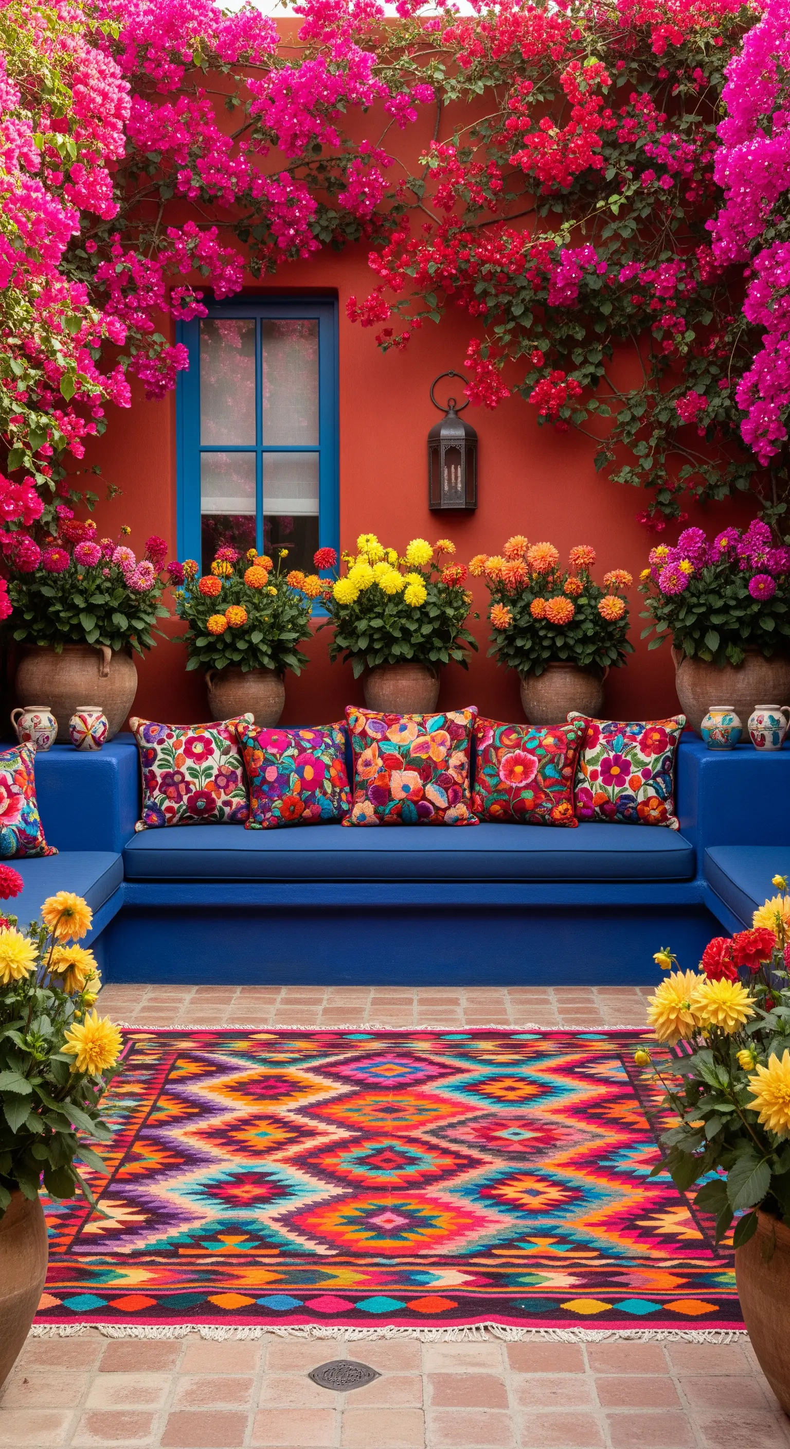 Patio colorato con parete rossa, panca blu, cuscini ricamati e un tappeto kilim vivace.
