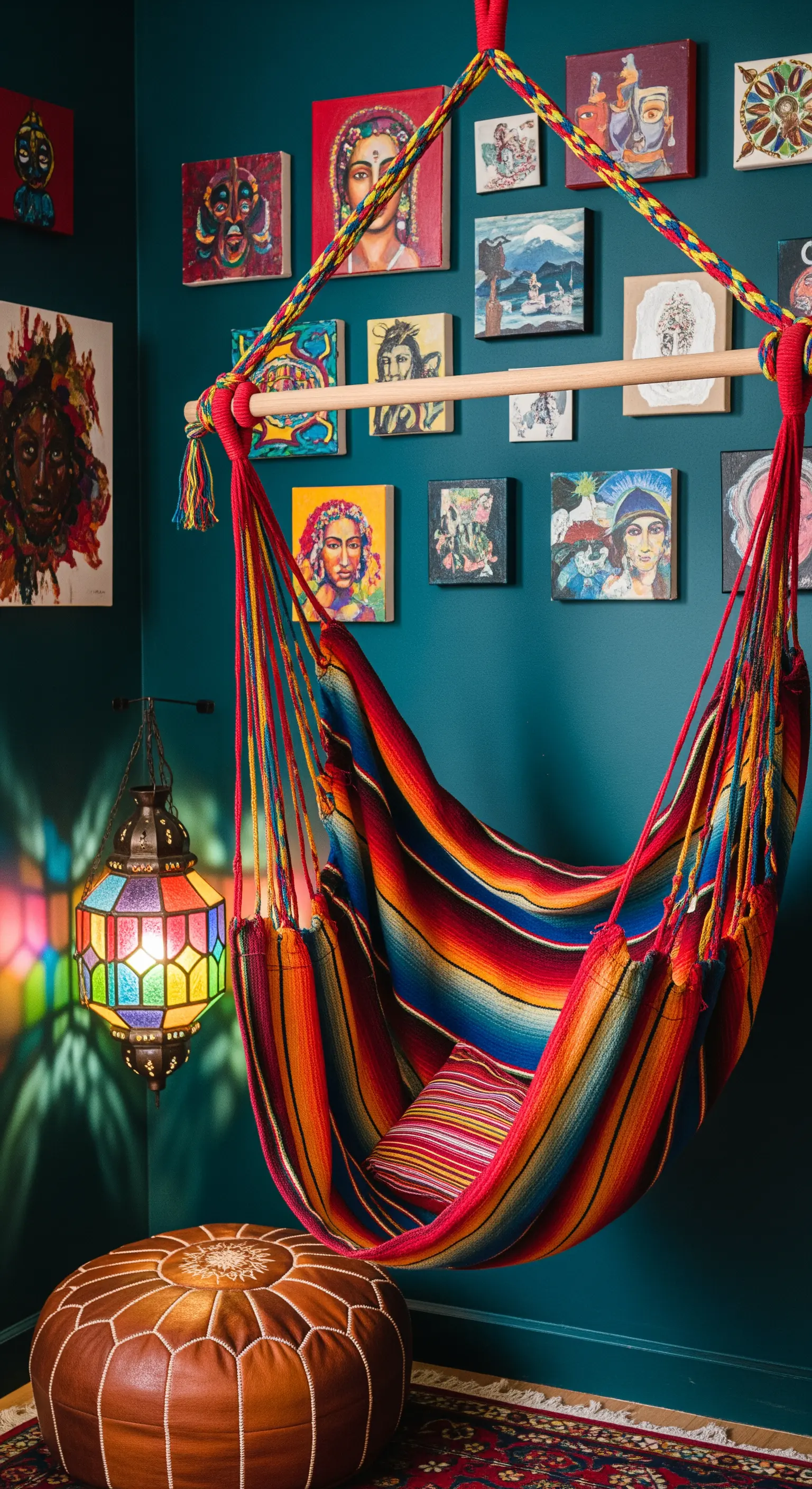 Amaca sospesa multicolore in un angolo eclettico con quadri e lanterna marocchina.