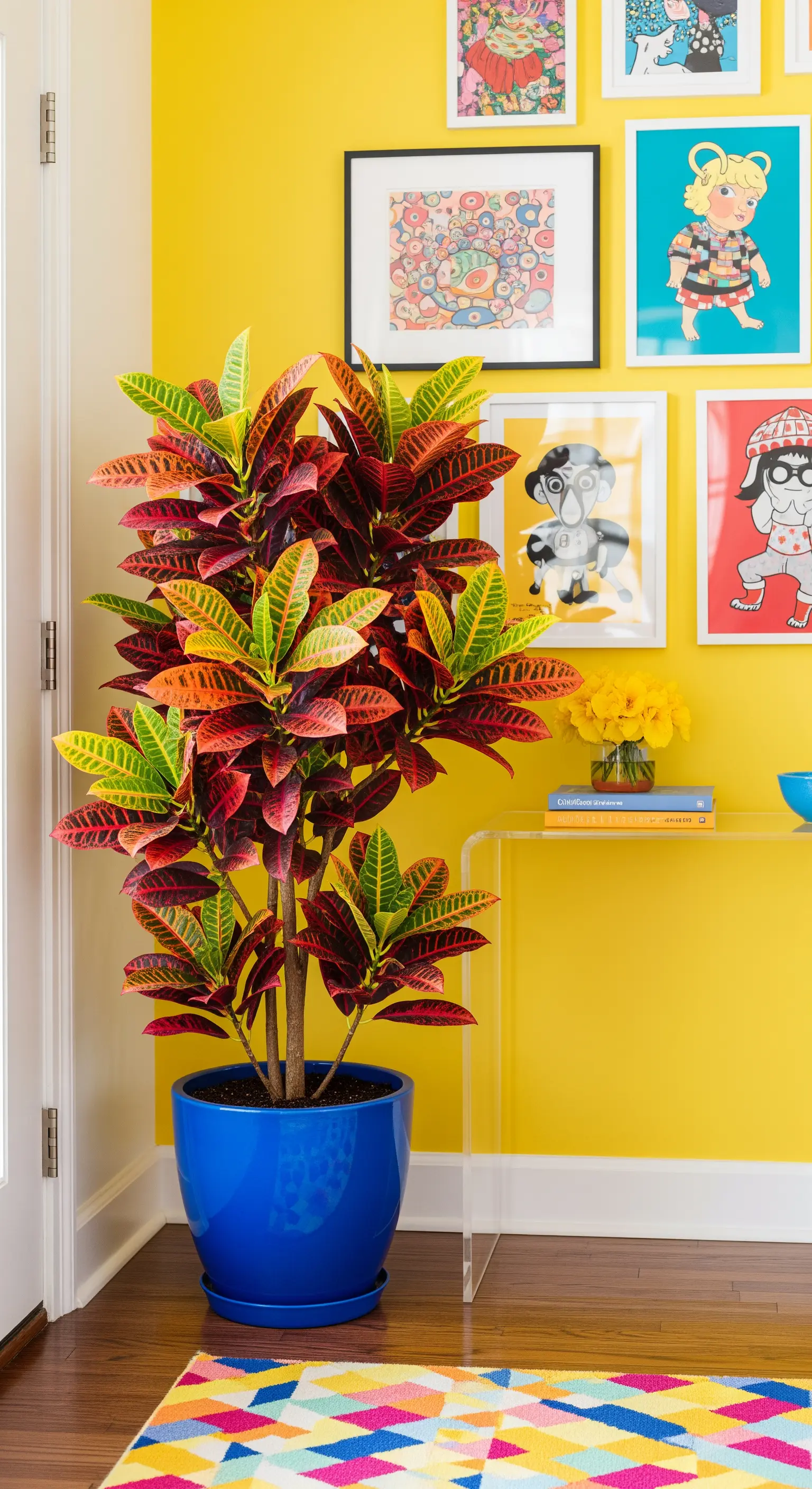 Pianta di Croton dalle foglie colorate in un vaso blu, contro una parete gialla con stampe pop.