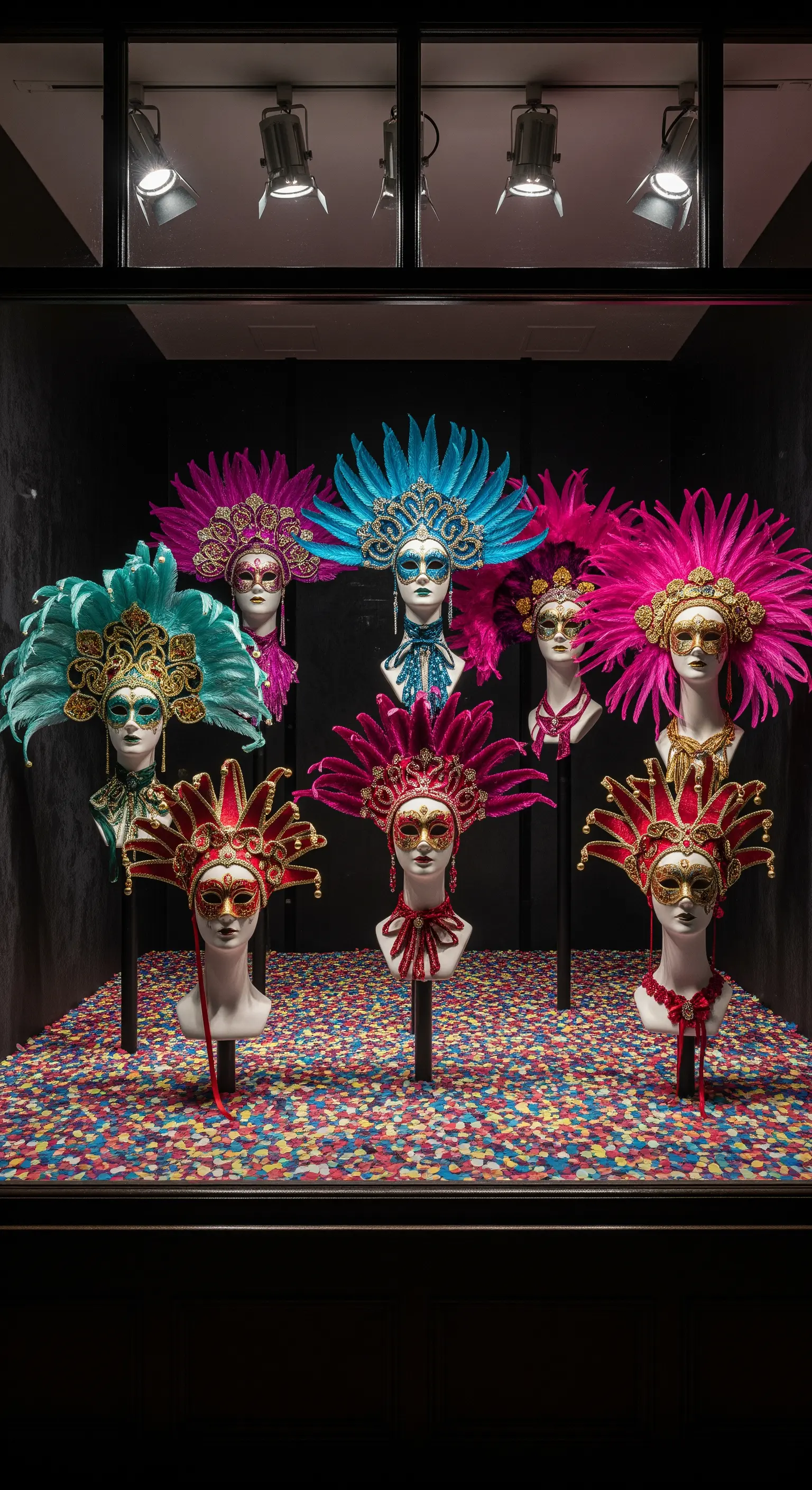 Vetrina con maschere di Carnevale colorate con grandi piume su un letto di coriandoli.