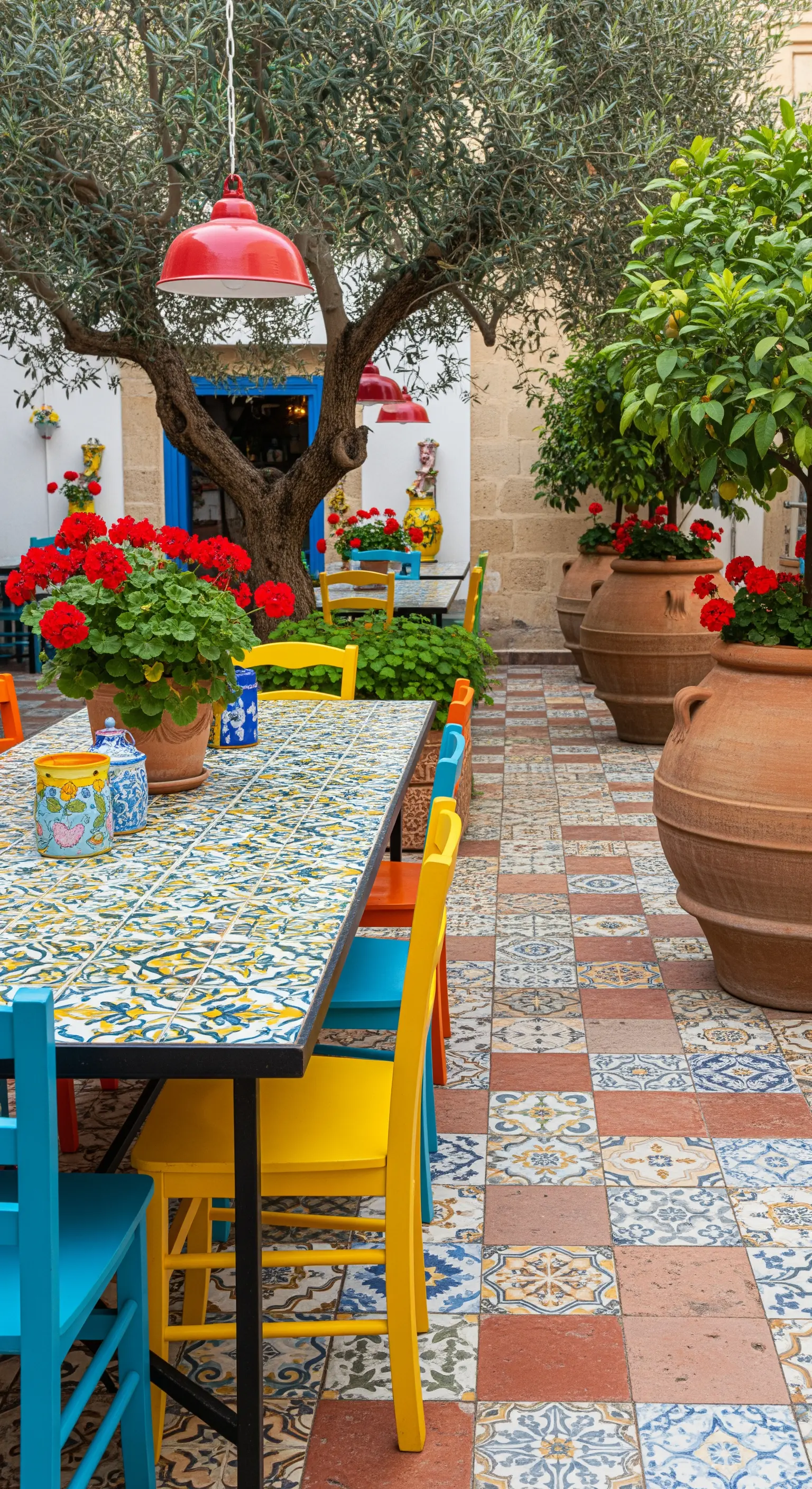 Patio colorato con tavolo in maiolica, sedie di colori diversi e vasi con gerani rossi.