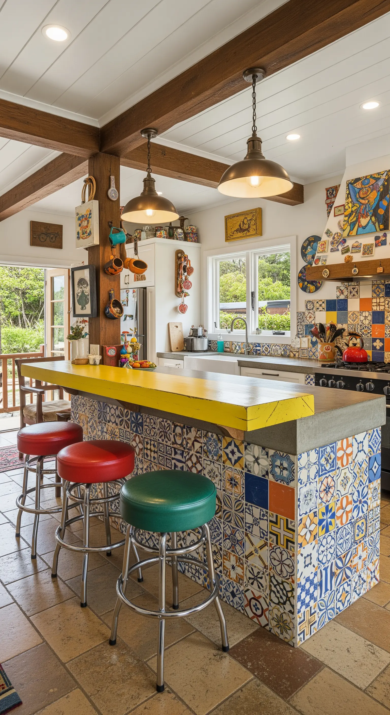 Isola da cucina rivestita con piastrelle patchwork colorate e sgabelli in pelle di vari colori.