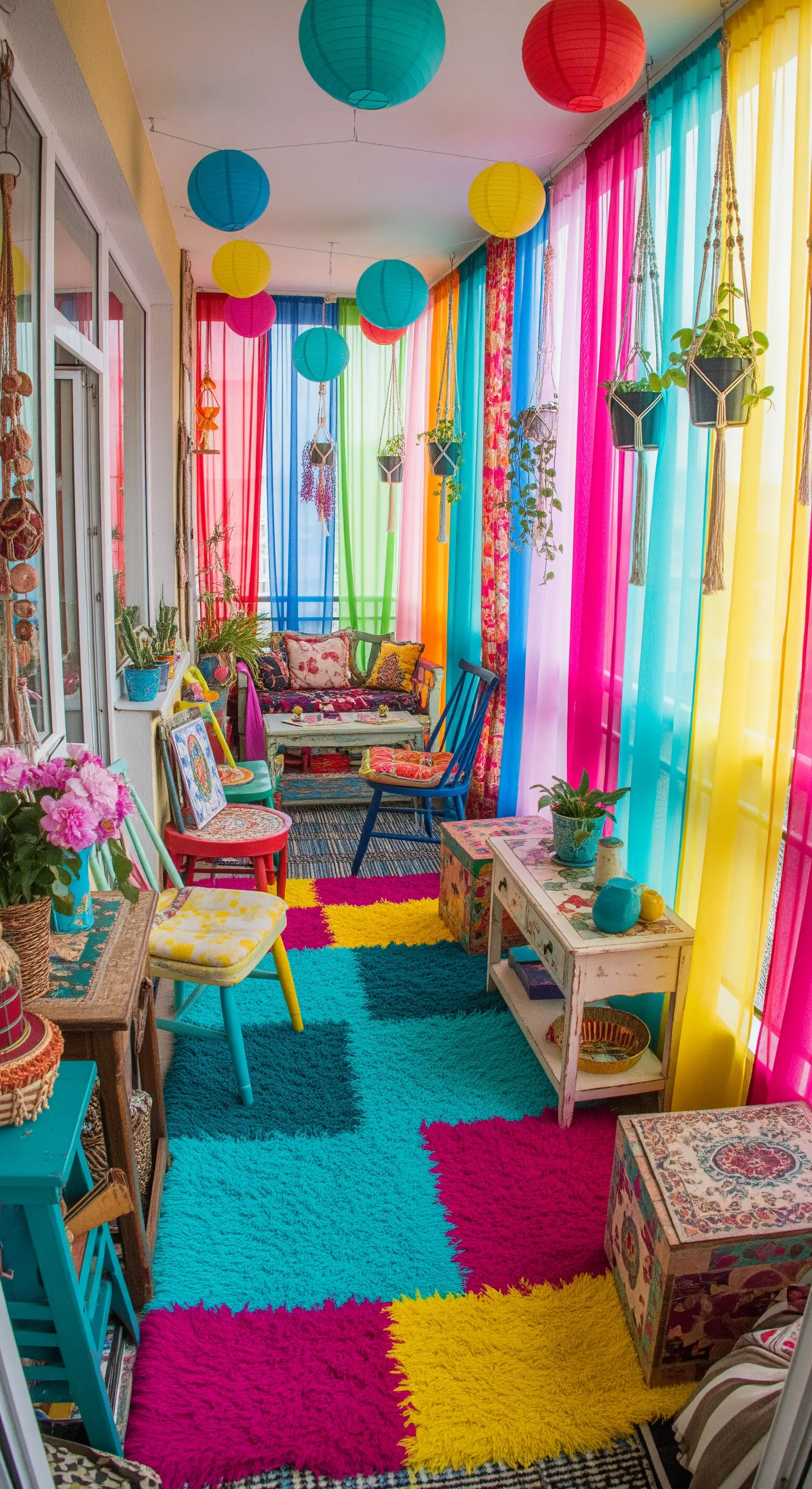 Balcone coloratissimo in stile boho con tende arcobaleno, tappeto a blocchi di colore e mobili diversi.