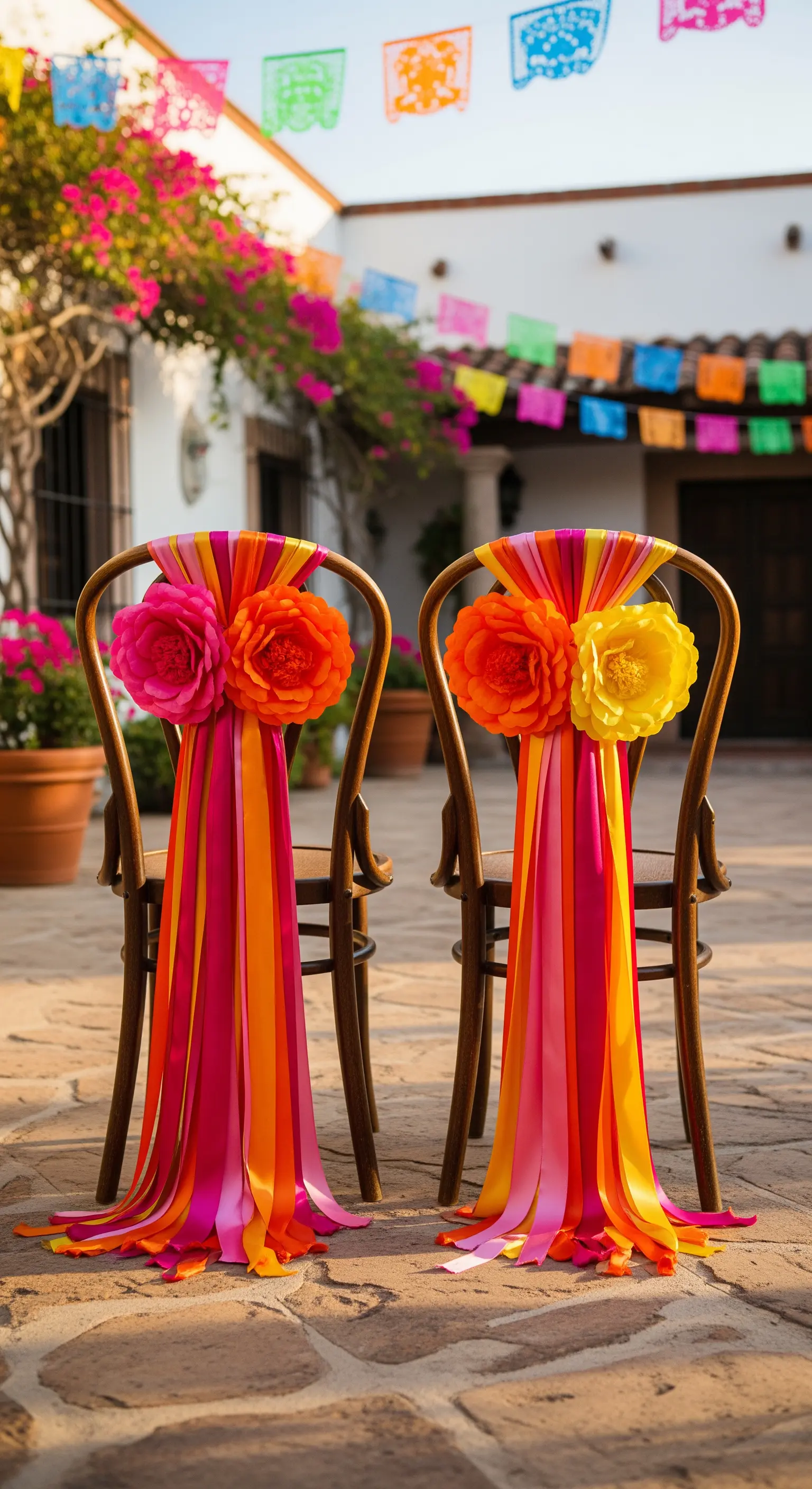 Sedie in legno decorate con grandi fiori di carta e nastri colorati nei toni del fucsia e arancio.