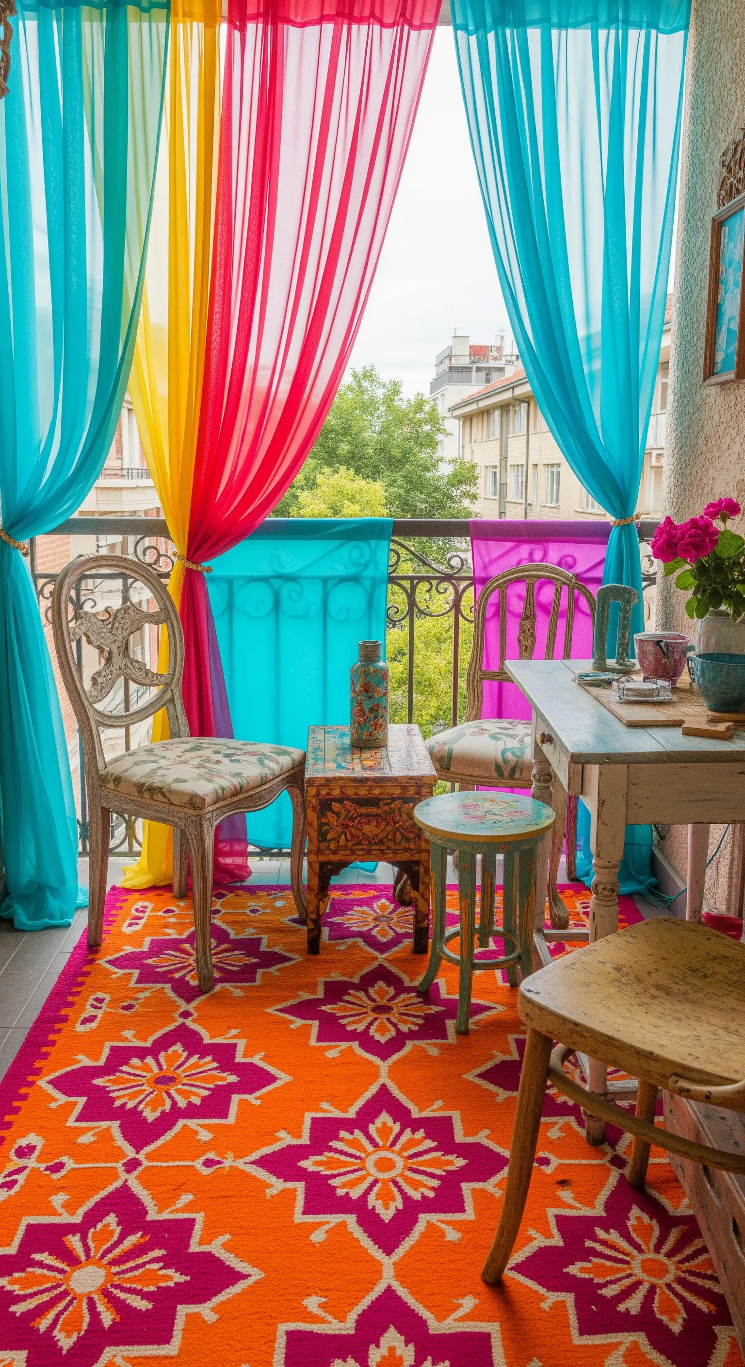 Balcone eclettico e colorato con tappeto kilim arancione e tende variopinte.