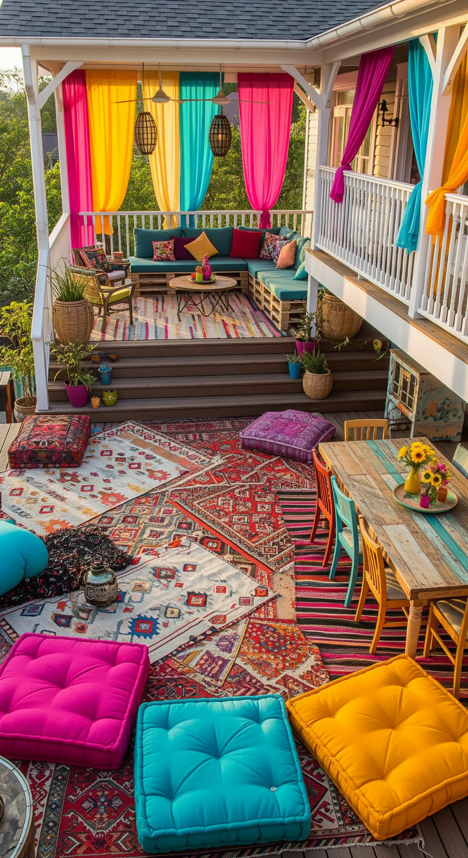 Patio a più livelli con tende colorate, cuscini oversize fucsia e un mix di tappeti etnici