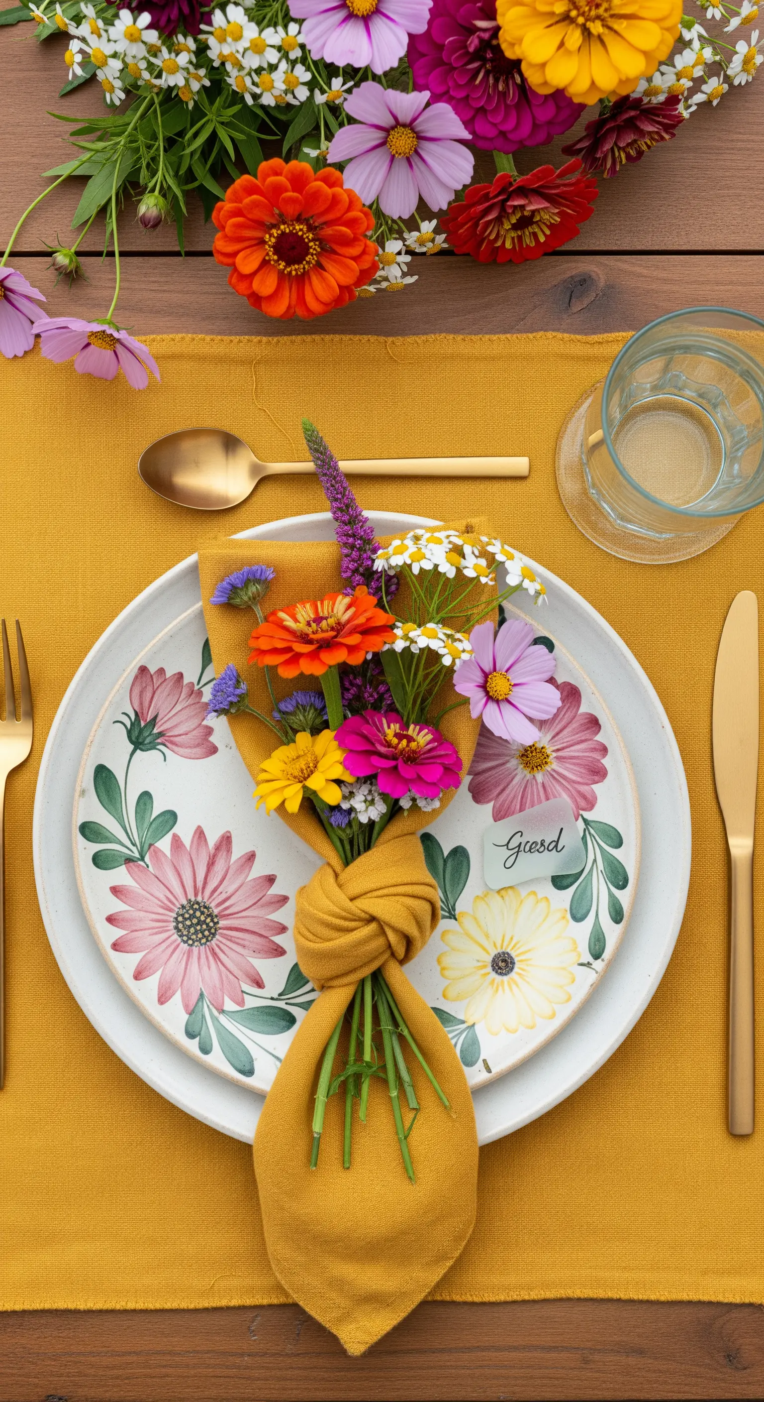 Posto tavola con tovaglietta gialla, piatto fiorato e tovagliolo che lega un mazzolino di fiori.