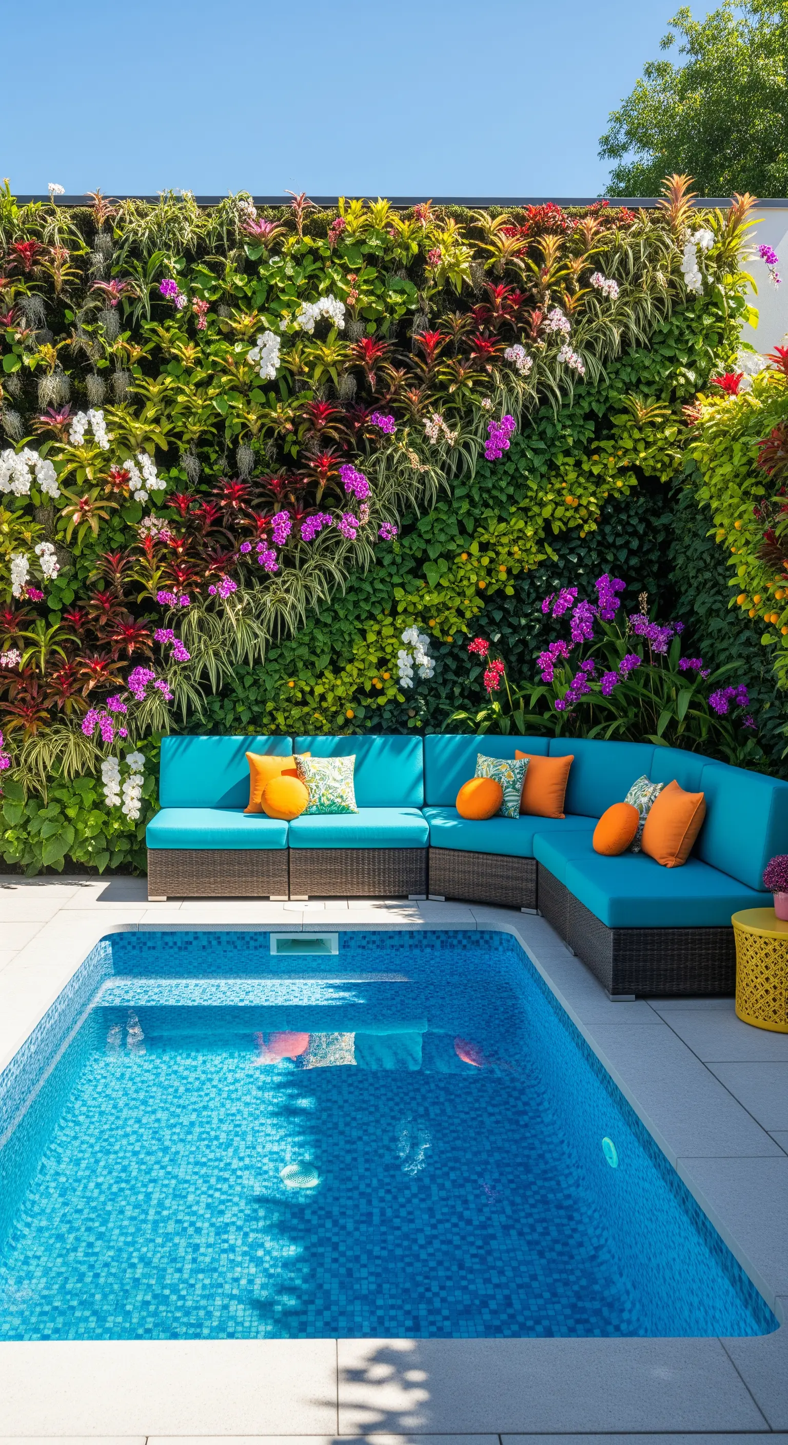 Divano turchese con cuscini arancioni davanti a una parete fiorita e una piscina.