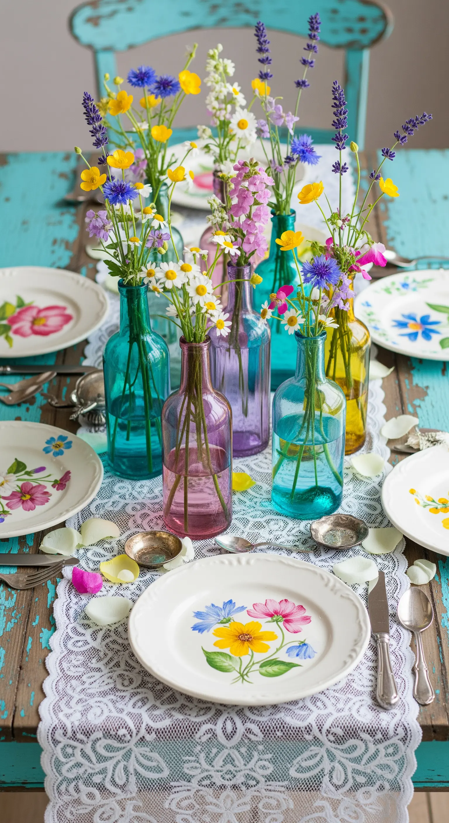 Tavola shabby chic colorata con bottiglie di vetro come vasi e piatti floreali spaiati