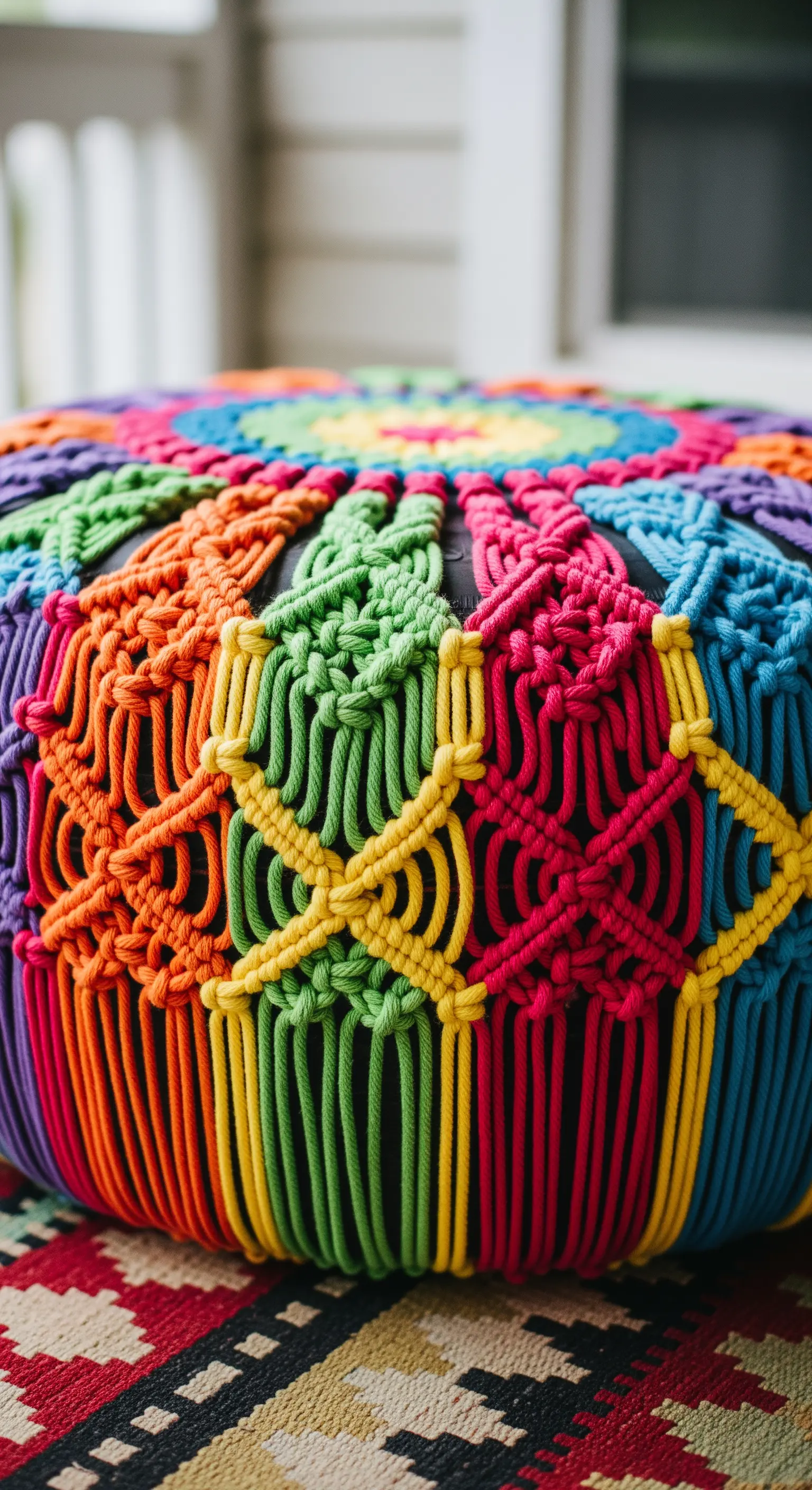 Dettaglio di un pouf fai-da-te con una seduta intrecciata a macramè con fili multicolore.