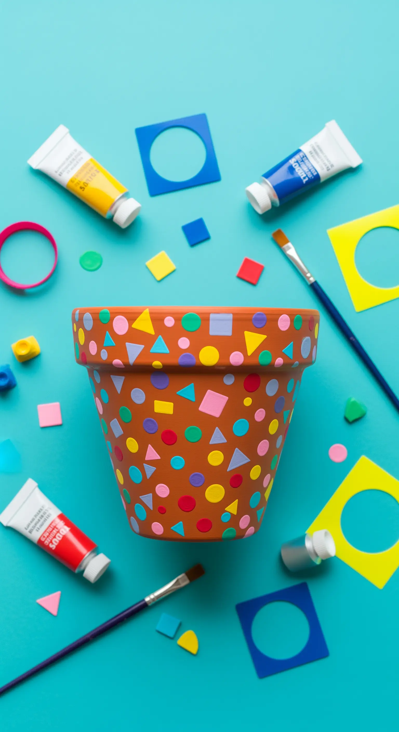 Vaso di terracotta decorato con un fitto pattern di piccole forme geometriche colorate, stile coriandoli.