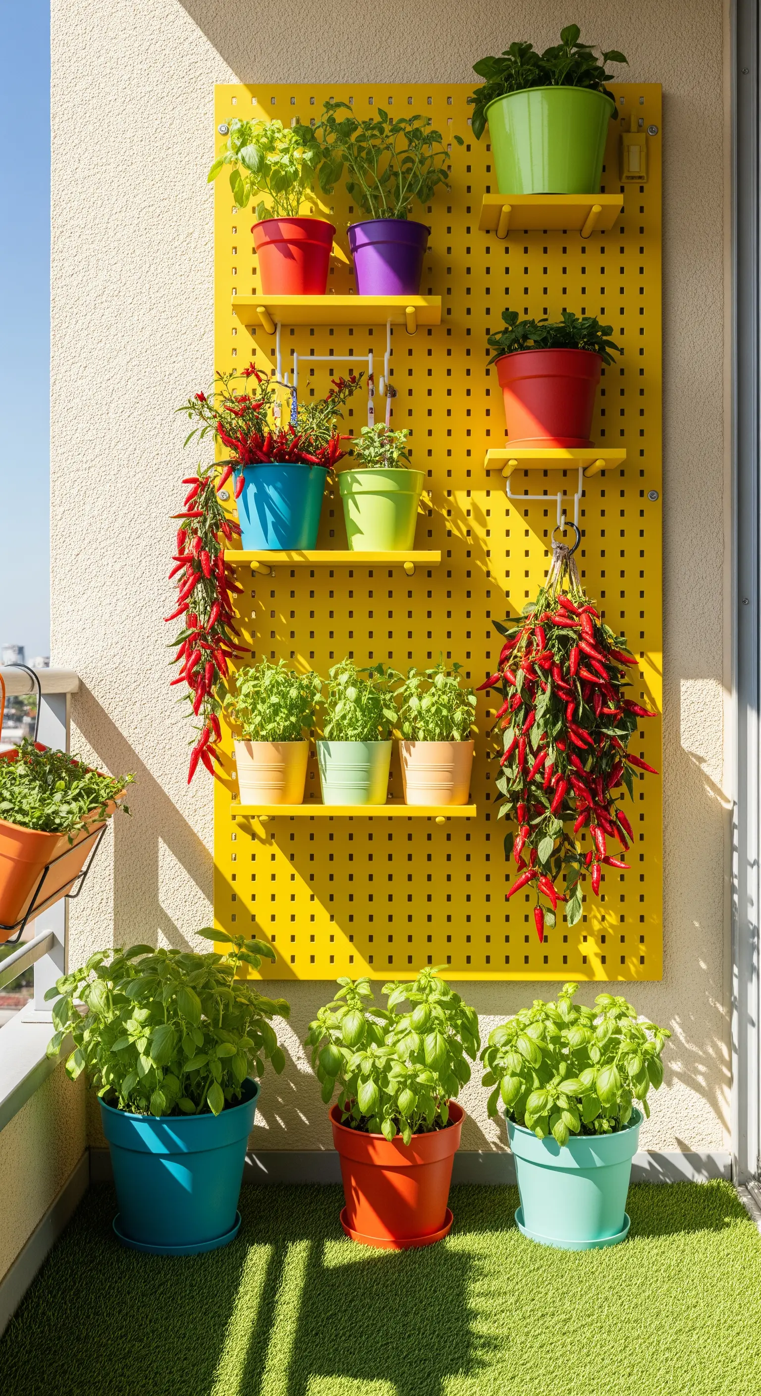 Pannello forato giallo con mensole e vasi colorati contenenti basilico e peperoncini.