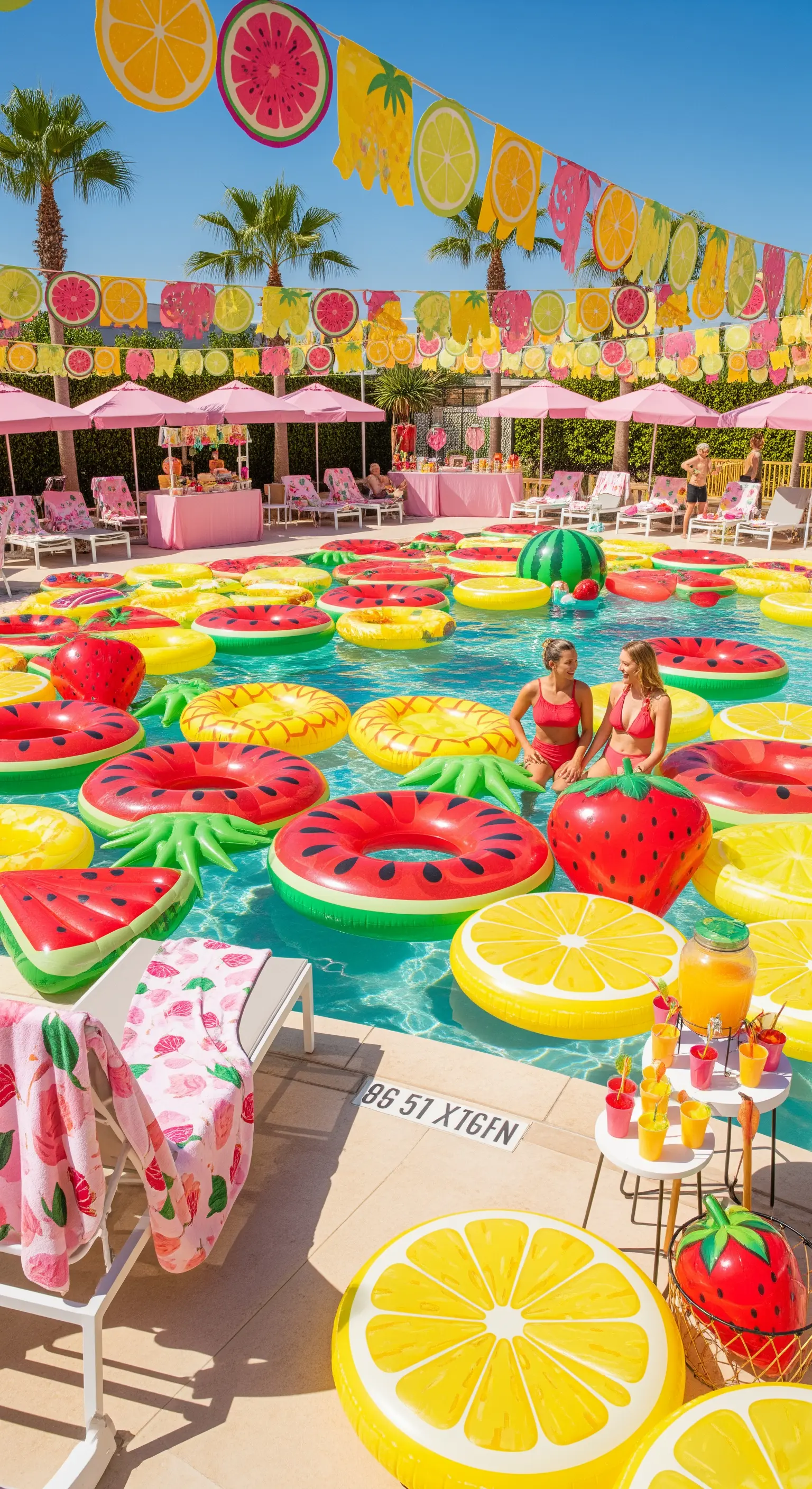 Pool party a tema frutta con decine di gonfiabili a forma di anguria, ananas e limone.