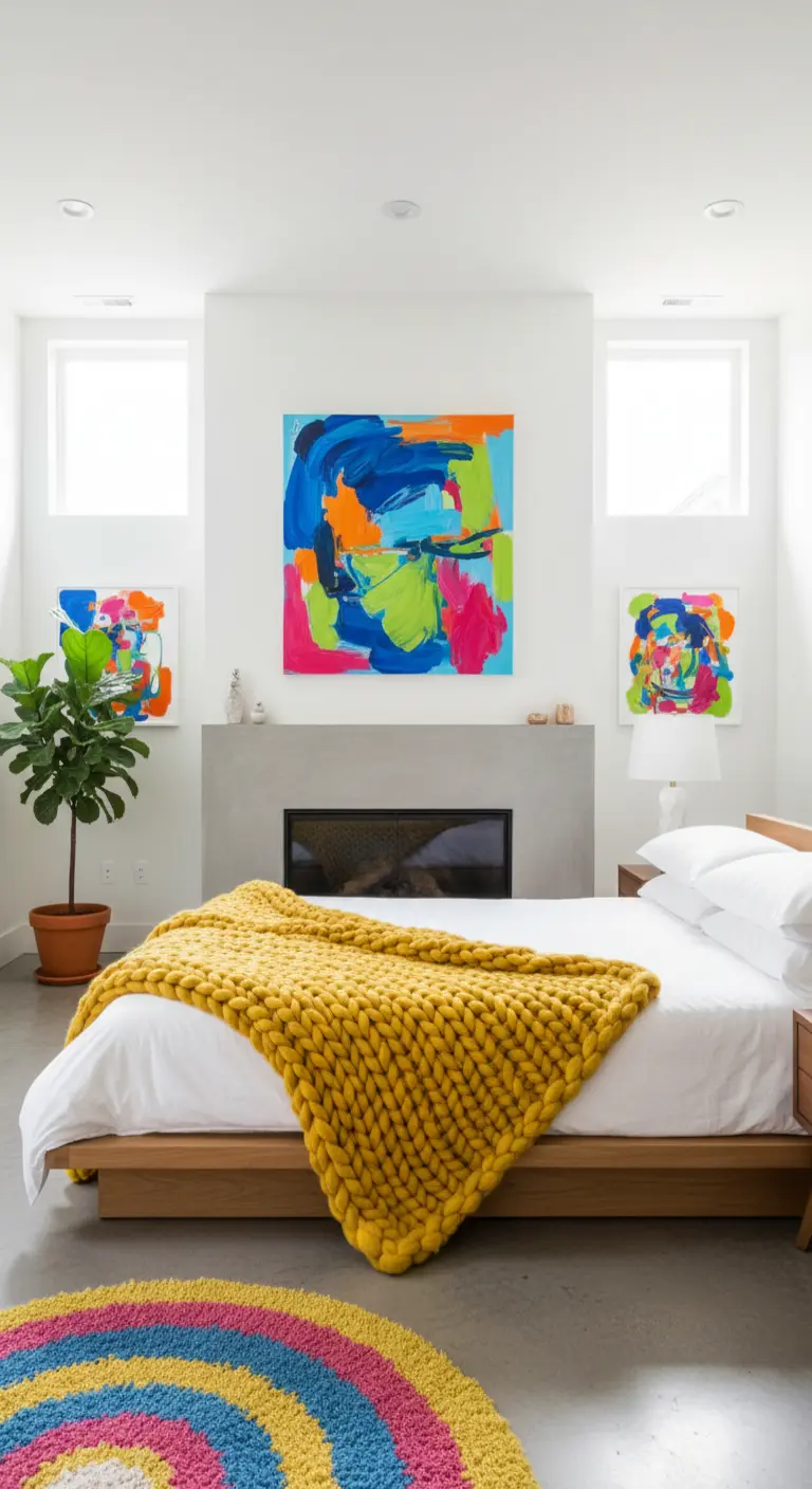 Camera da letto moderna e luminosa con arte astratta colorata e coperta gialla a maglia grossa.