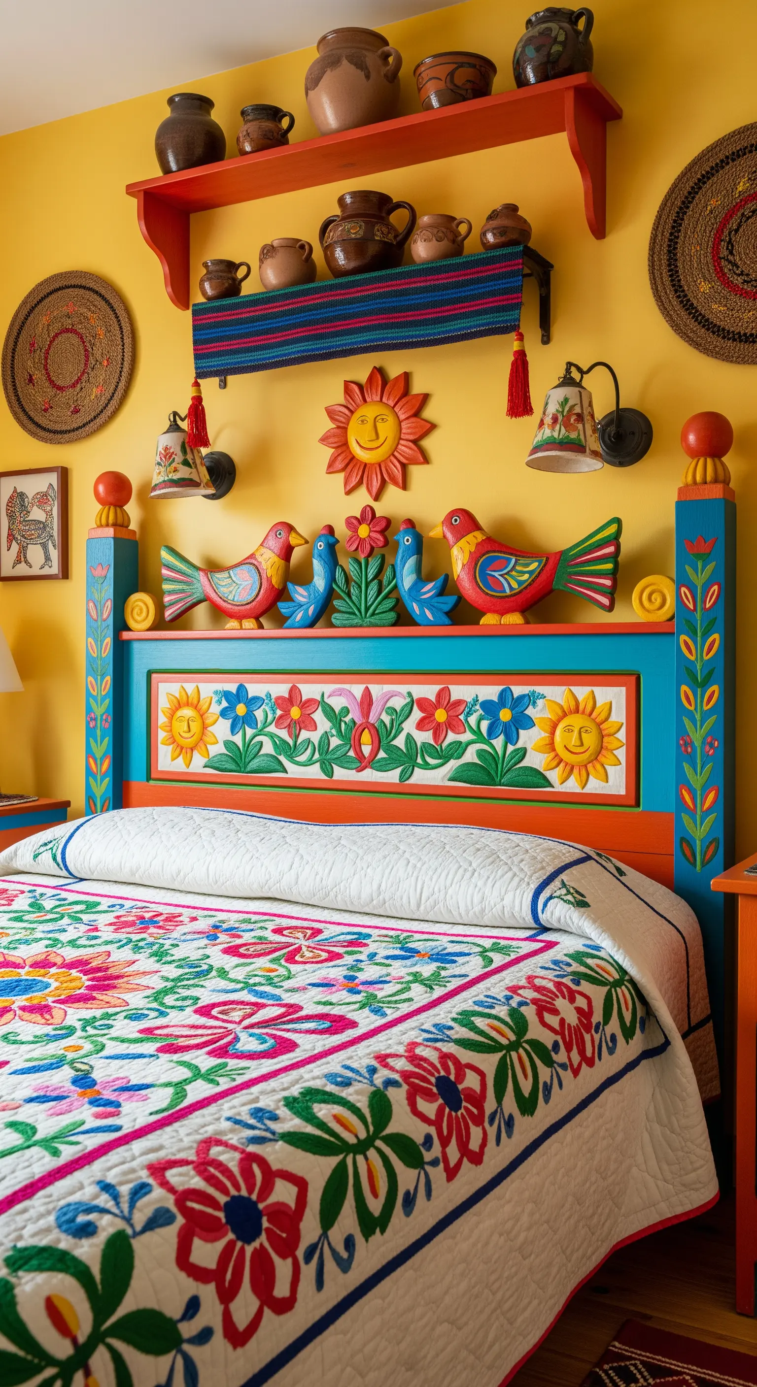 Testiera in legno dipinta a mano con colori vivaci e motivi folk come uccelli e fiori.