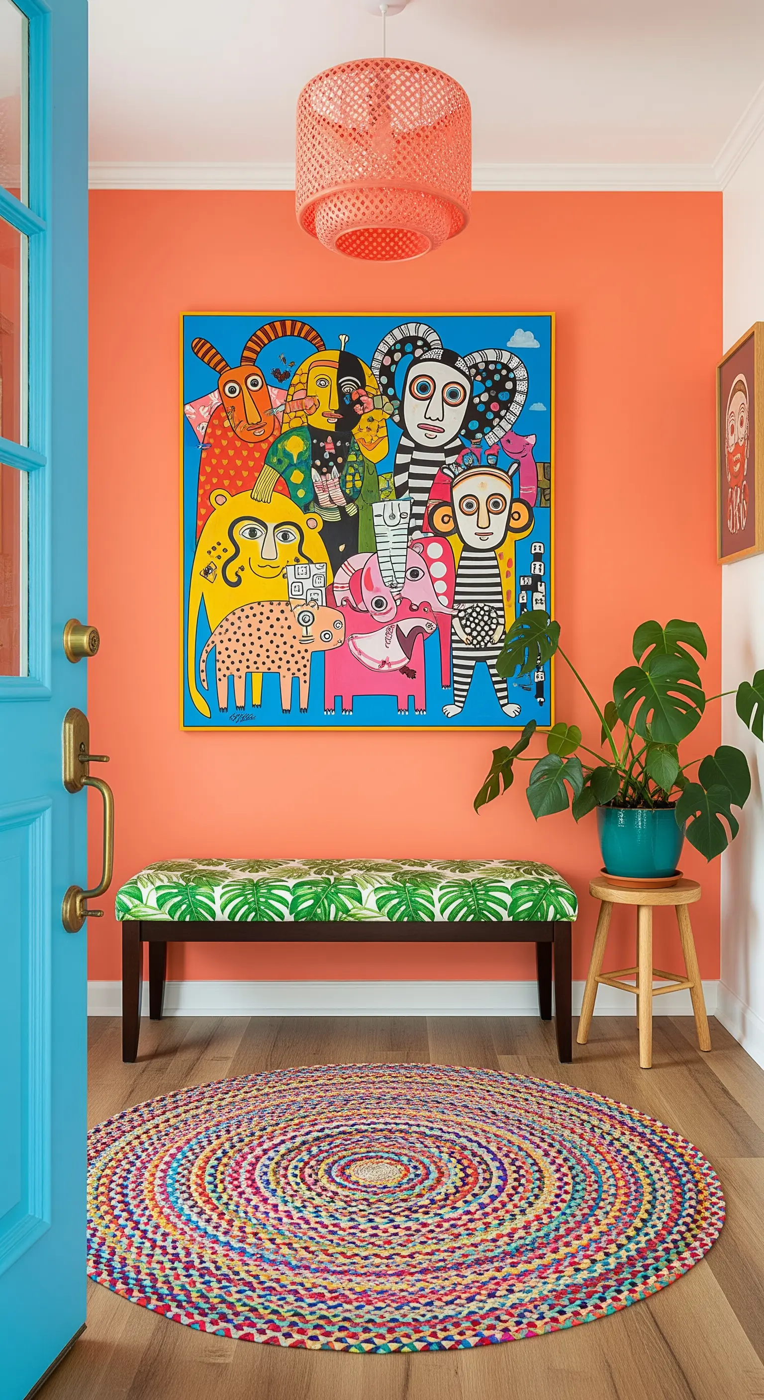 Ingresso con parete color corallo, porta blu e un quadro naïf molto colorato.