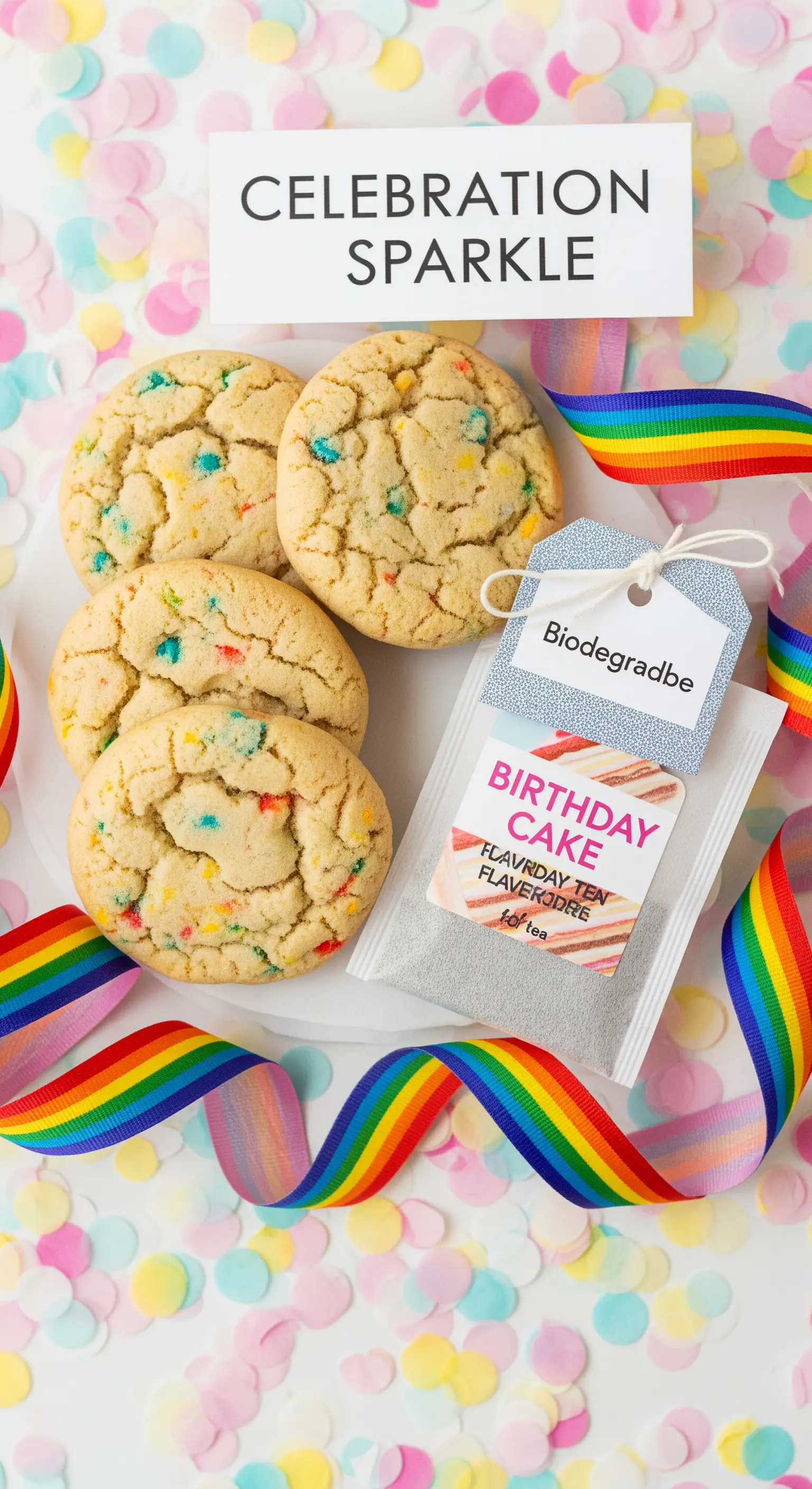 Biscotti funfetti con tè al gusto di torta di compleanno e coriandoli colorati.