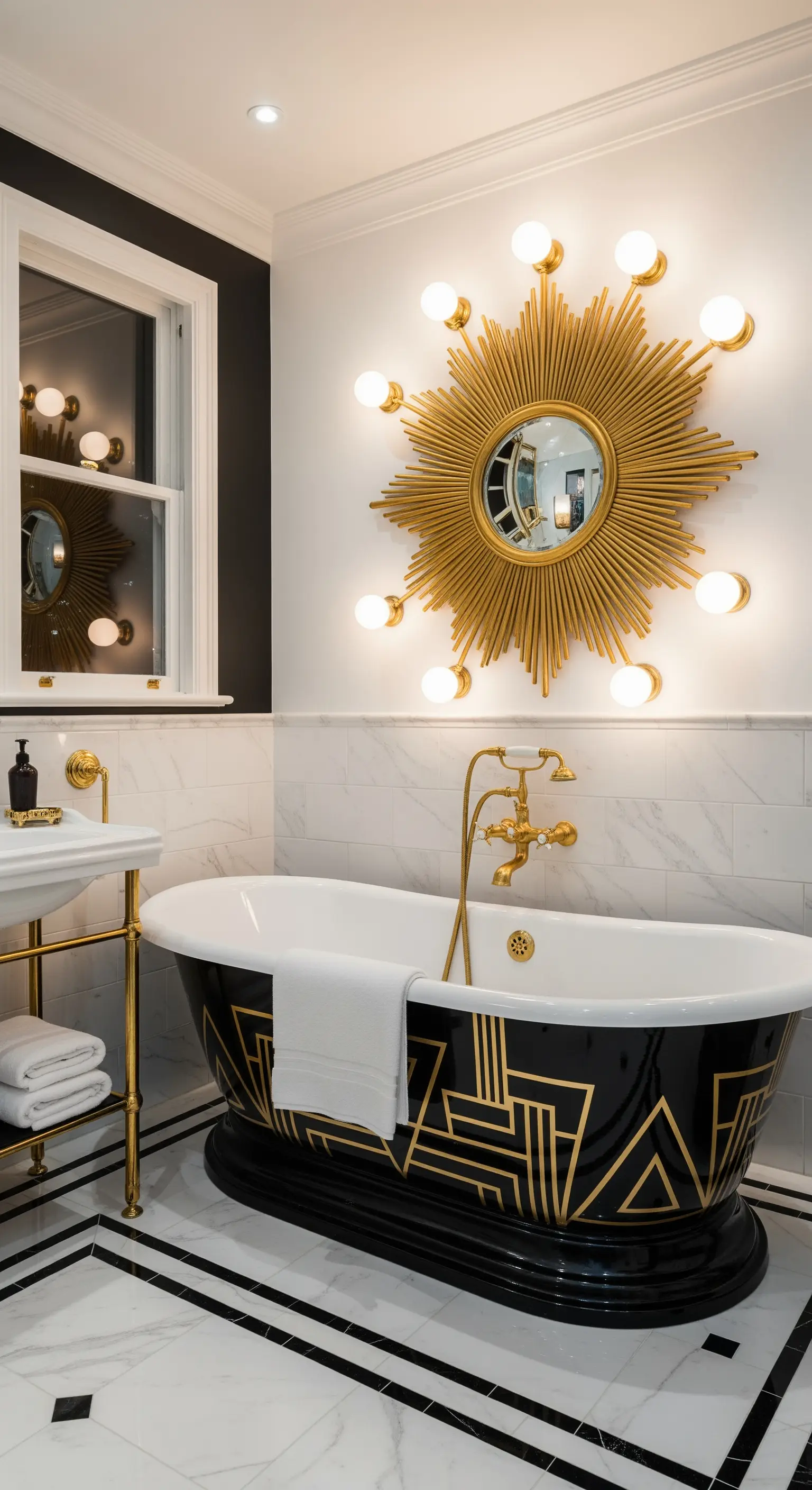 Specchio a forma di sole con lampadine integrate sopra una vasca Art Déco nera e oro.