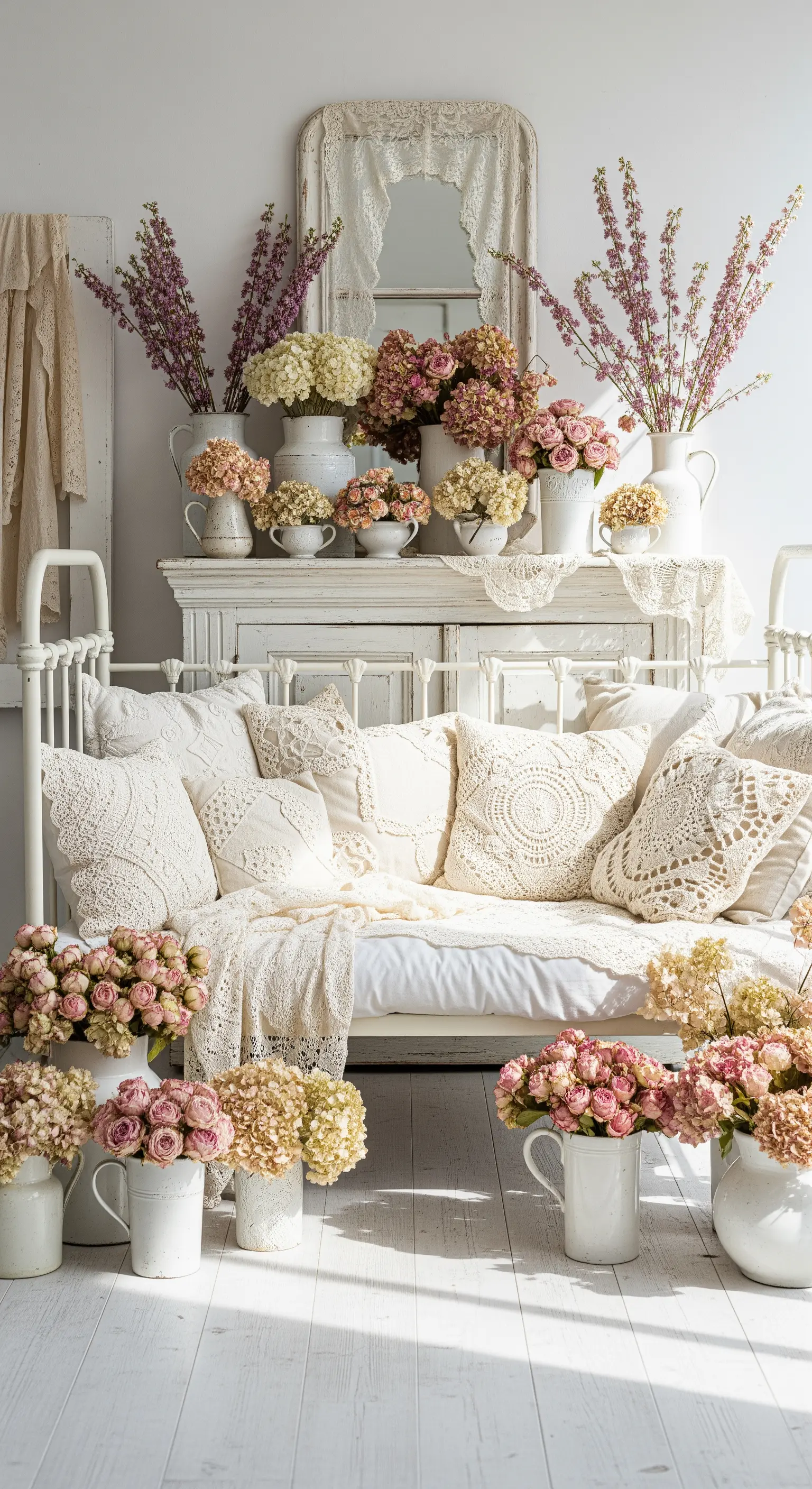 Lettino shabby chic sommerso da cuscini all'uncinetto e circondato da innumerevoli vasi di fiori secchi.