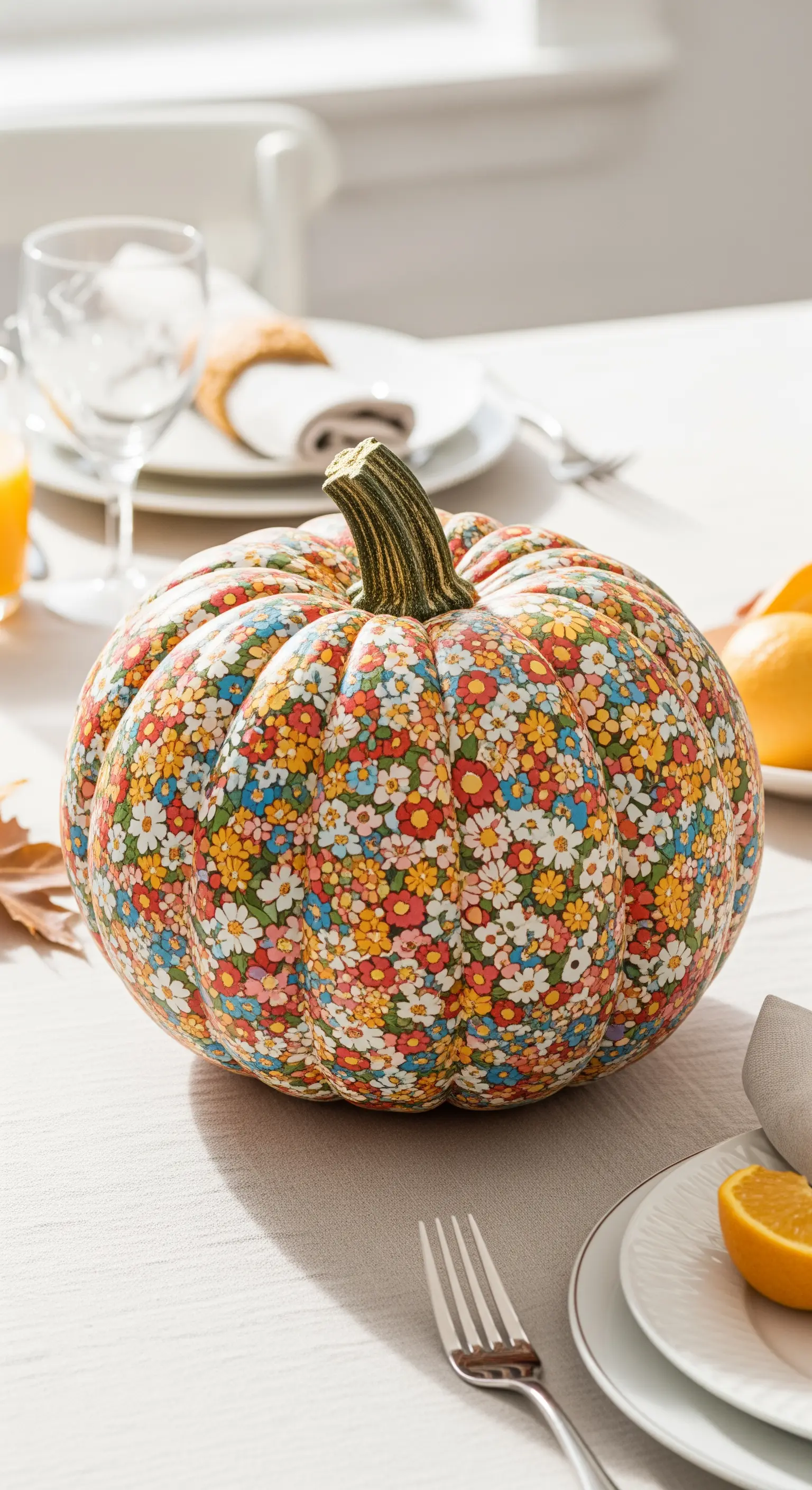 Zucca interamente ricoperta con un tessuto a stampa floreale coloratissima, stile Liberty, su una tavola apparecchiata.