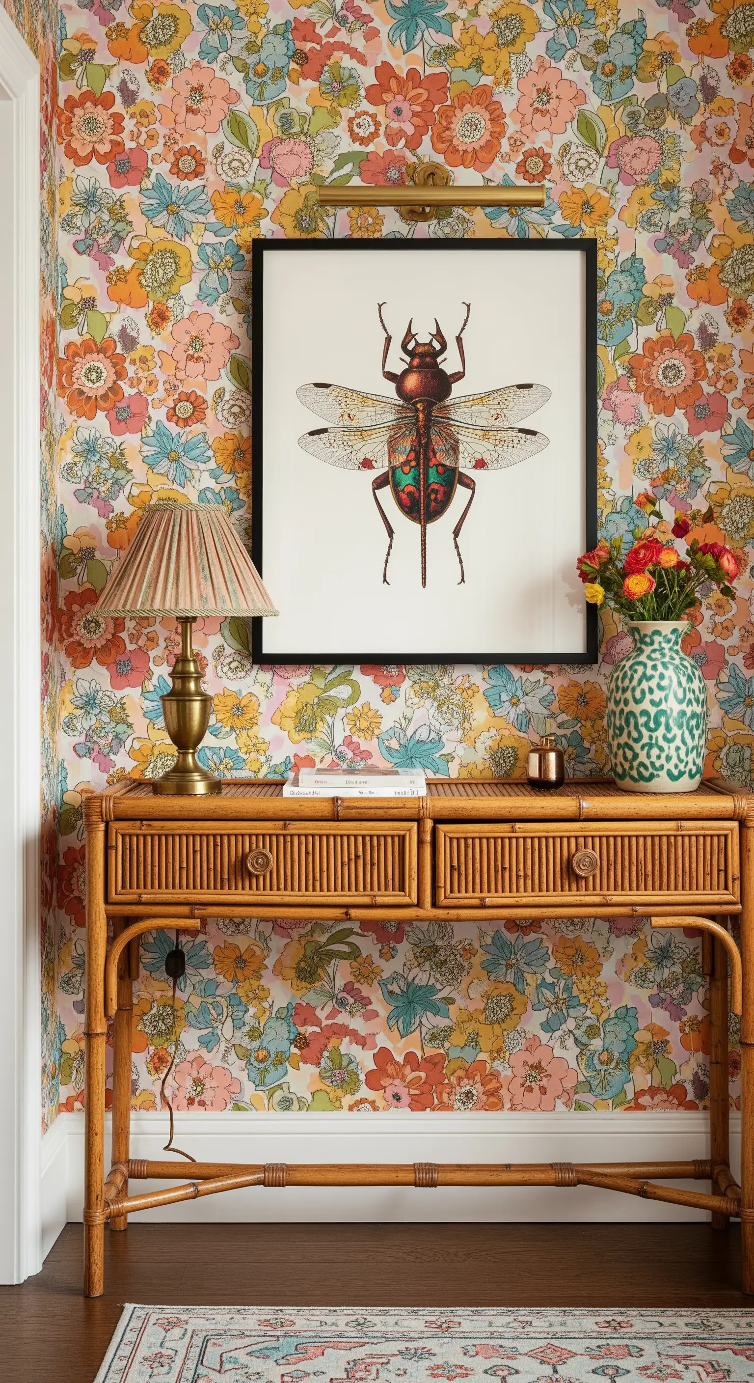 Carta da parati floreale multicolore con consolle in bambù e quadro con un insetto.
