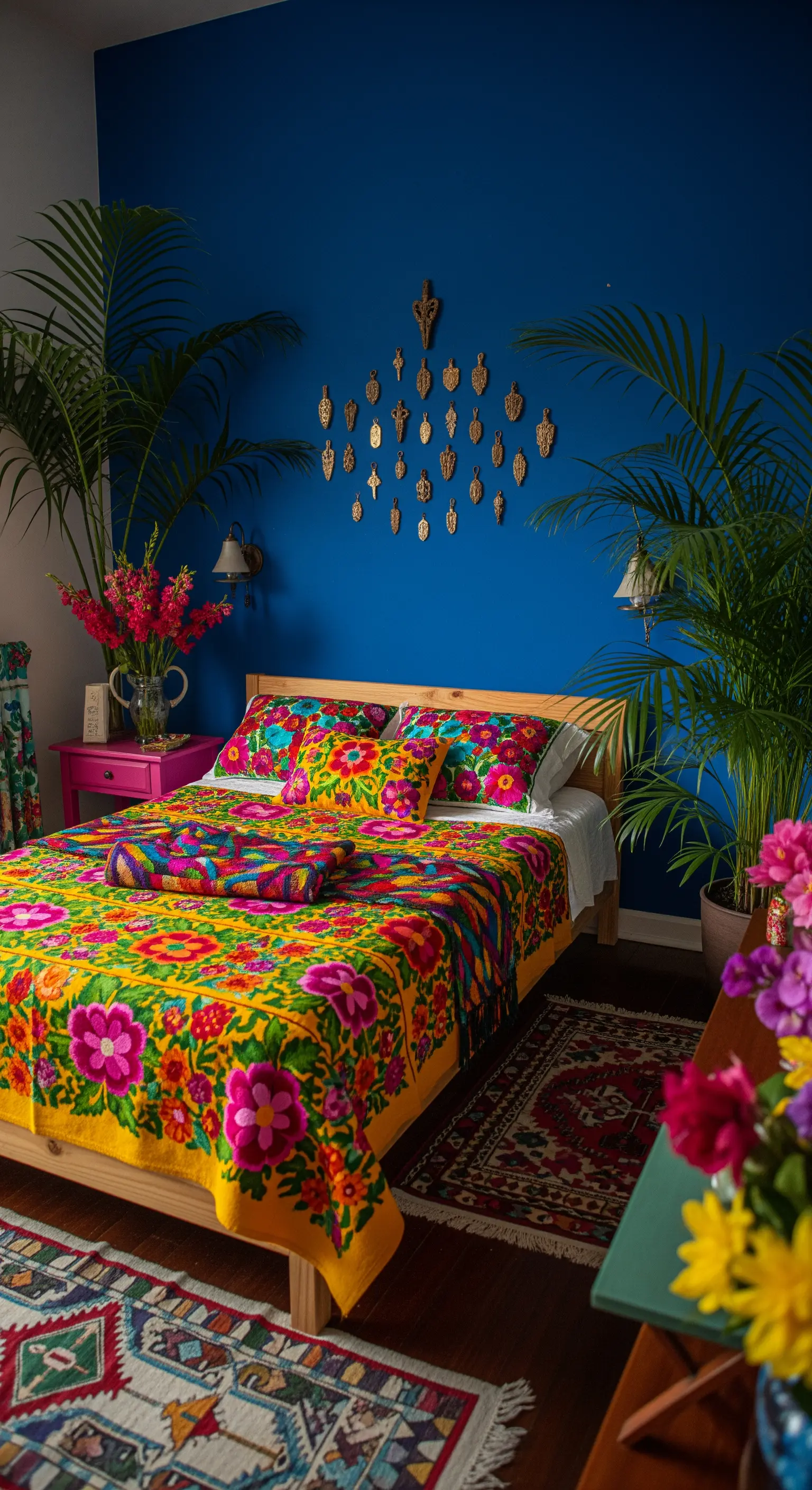 Letto con coperta e cuscini ricamati in stile Otomi contro una parete blu intenso.